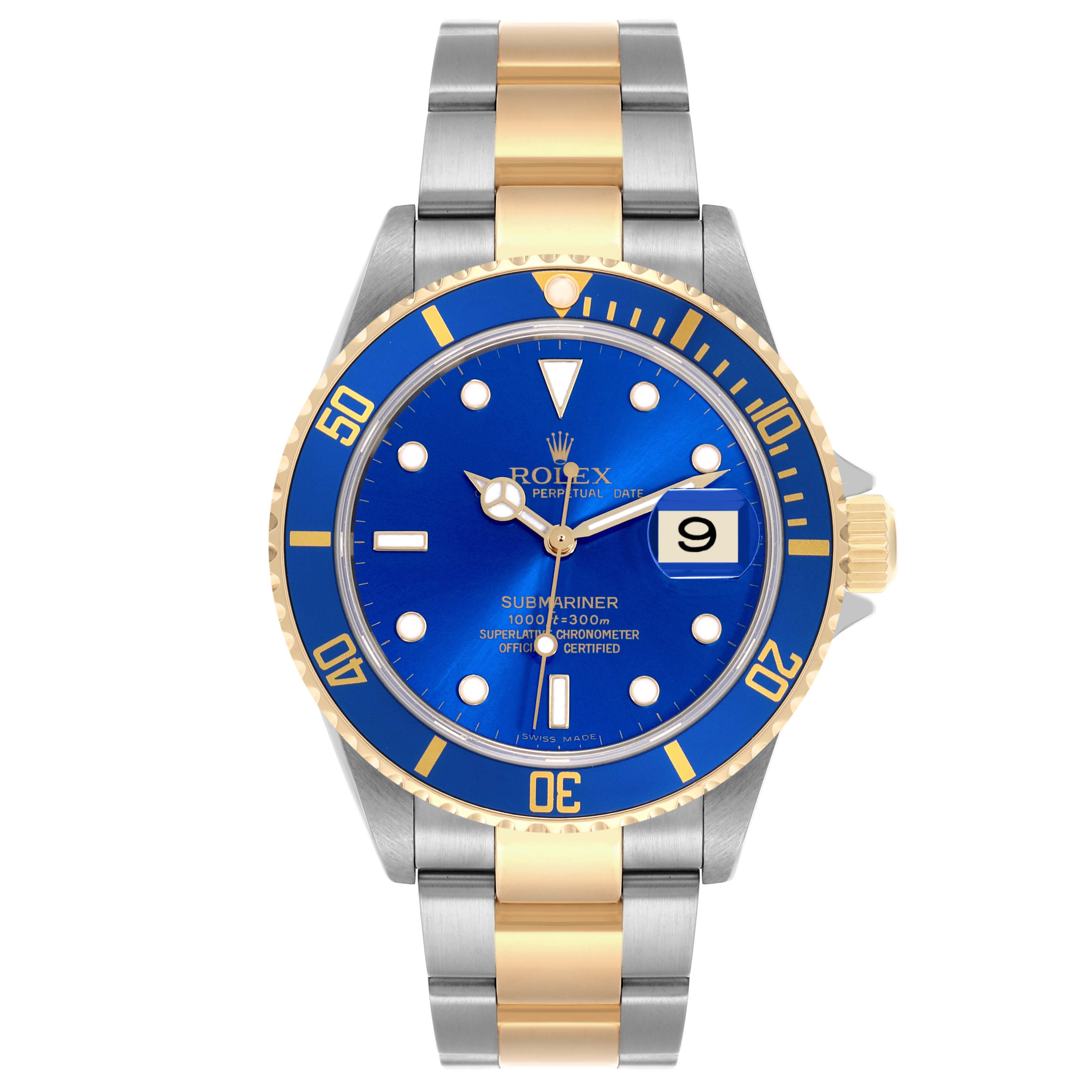 The Rolex Submariner 16613 Men's Steel and Gold (two tone) Blue Dial 16613 Men's Steel and Gold (two tone) Blue Dial watch is shown from a front angle, displaying its blue dial, gold and silver bracelet, and bezel.