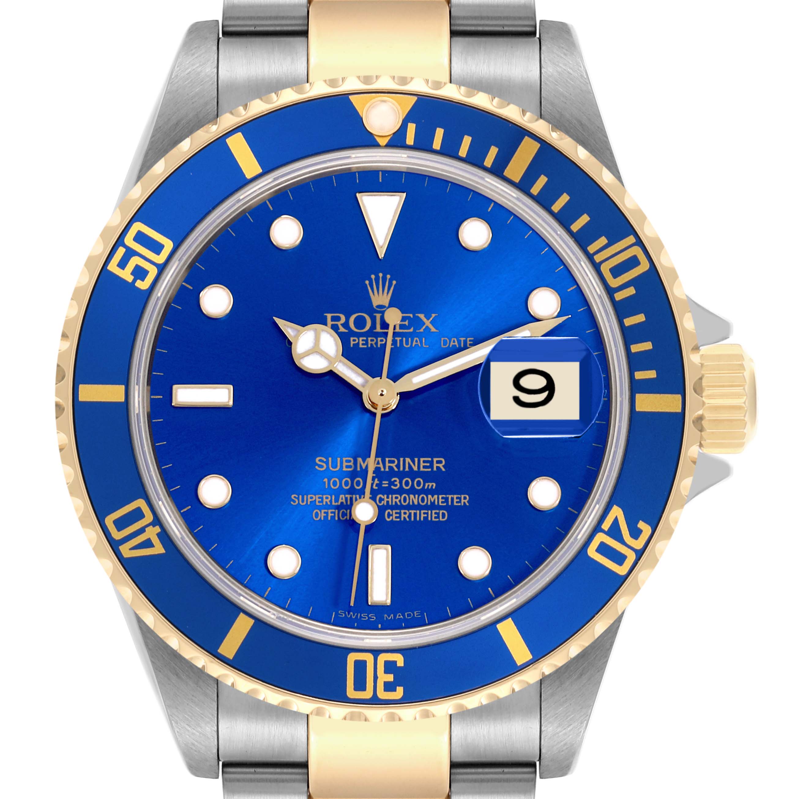 The image shows a frontal view of a Rolex Submariner 16613 Men's Steel and Gold (two tone) Blue Dial 16613 Men's Steel and Gold (two tone) Blue Dial watch, displaying the dial, bezel, date, and part of the bracelet.