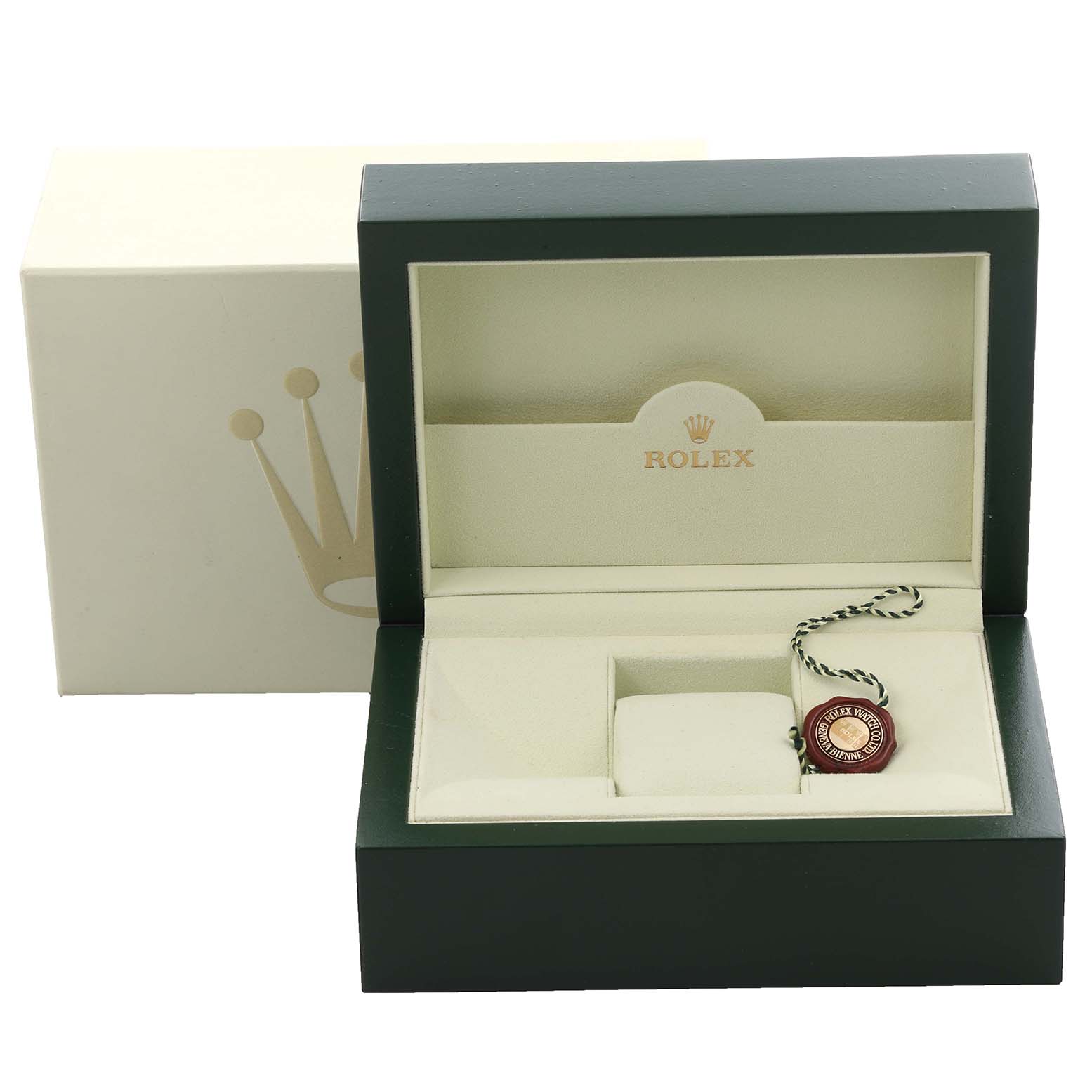 The image shows an open Rolex Submariner 16613 Men's Steel and Gold (two tone) Blue Dial 16613 Men's Steel and Gold (two tone) Blue Dial watch box with a hang tag inside, viewed from the front.