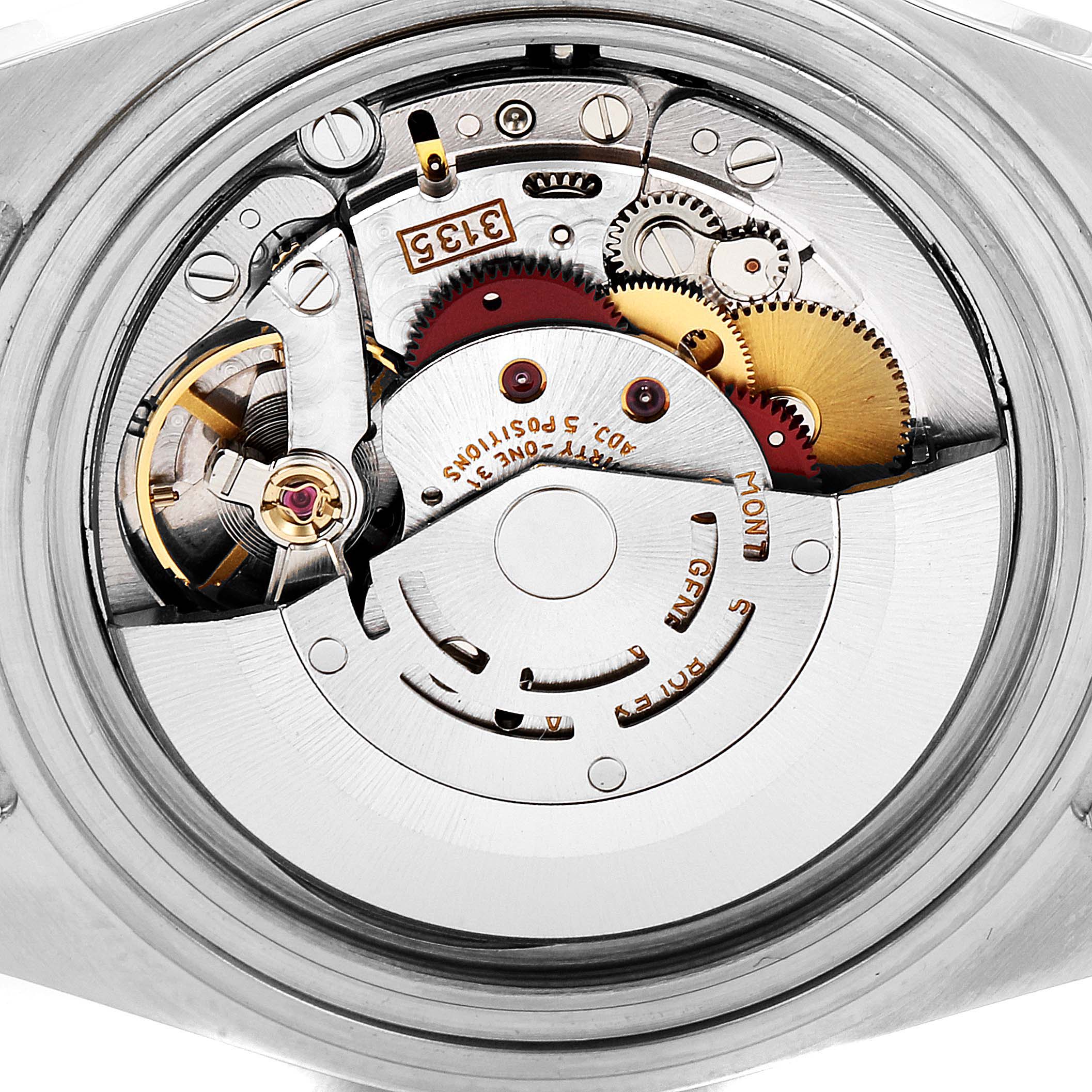 The image shows the internal mechanical movement parts of a Rolex Submariner 16613 Men
s Steel and Gold (two tone) Blue Dial 16613 Men
s Steel and Gold (two tone) Blue Dial watch viewed from the back.