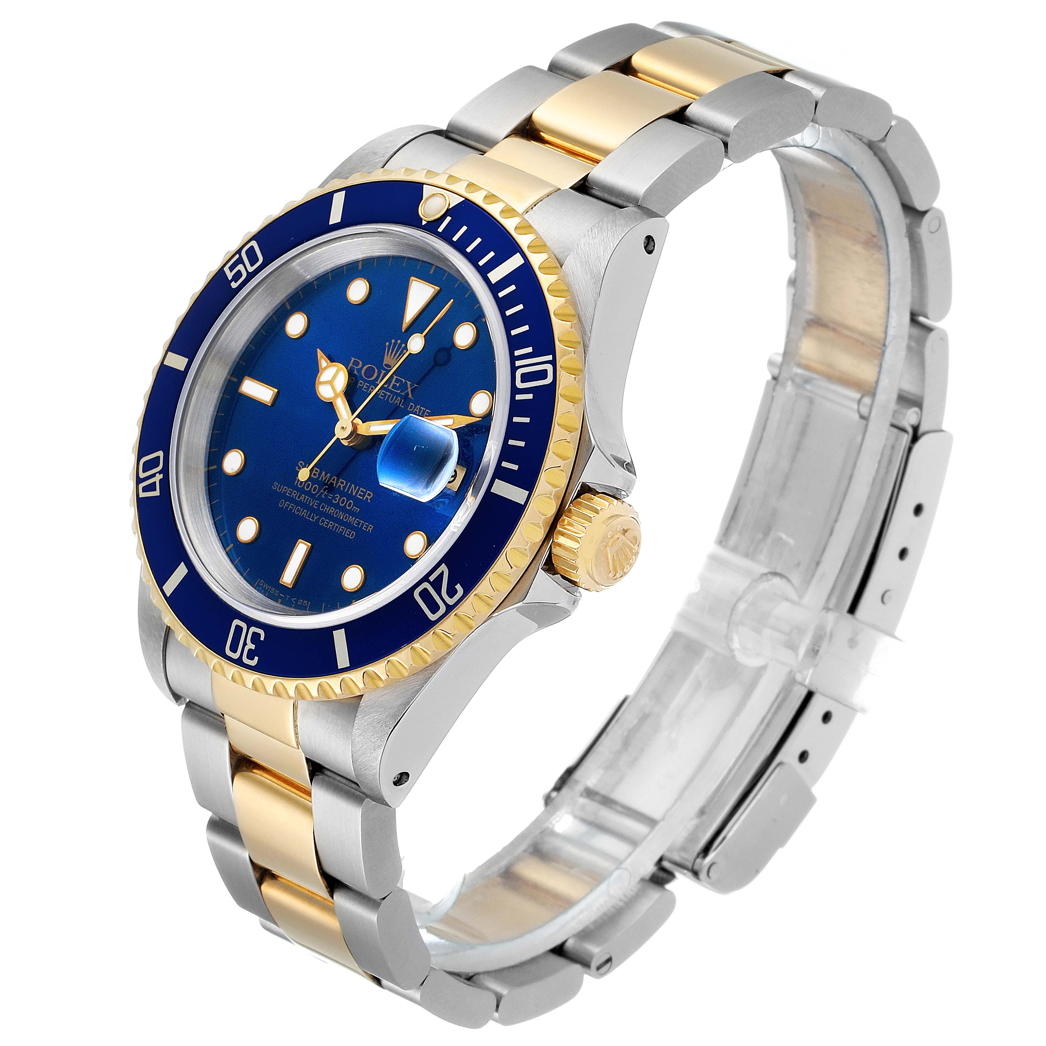 The Rolex Submariner 16613 Men
s Steel and Gold (two tone) Blue Dial 16613 Men
s Steel and Gold (two tone) Blue Dial watch is shown at a three-quarter angle, highlighting its blue dial, gold accents, and two-tone bracelet.