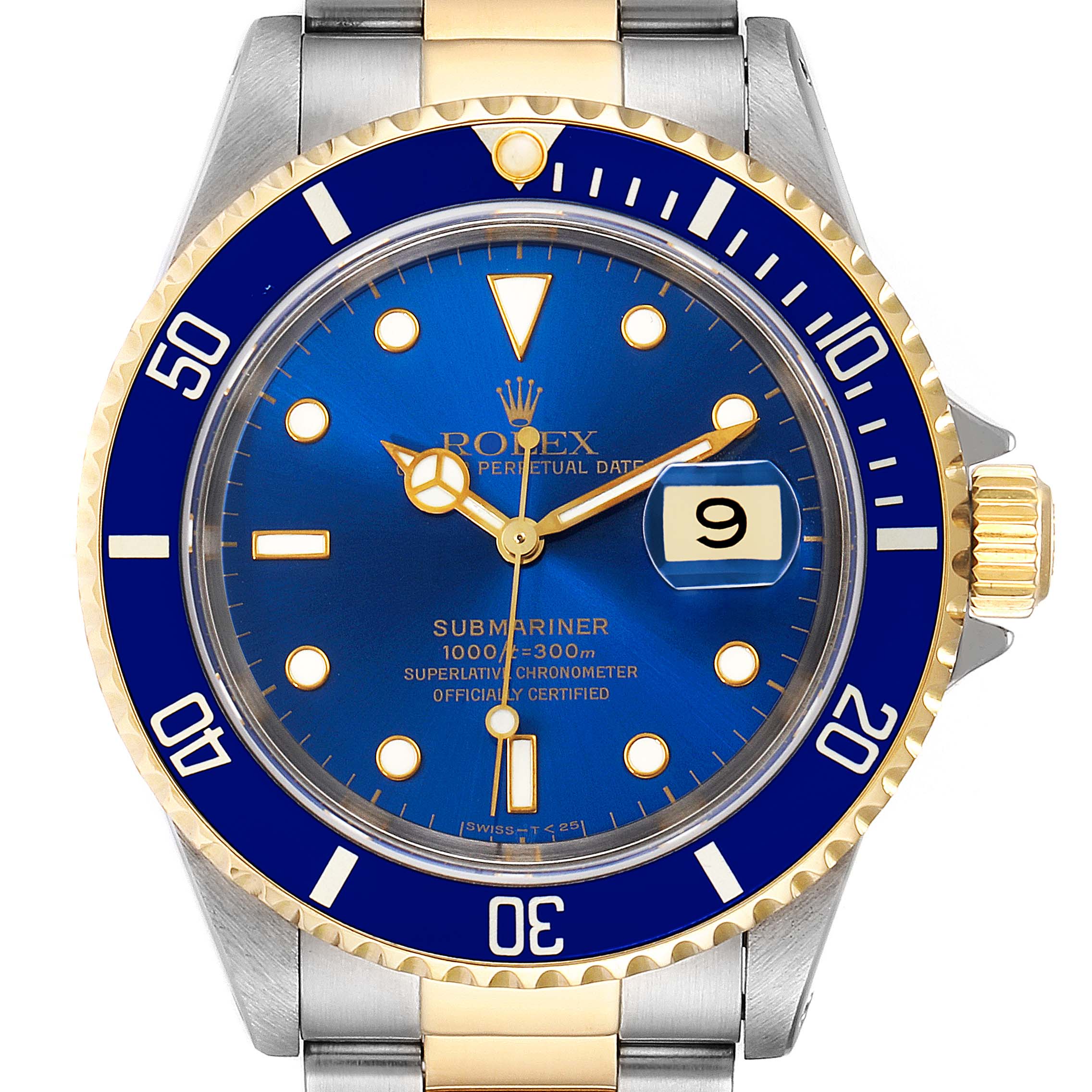 The image shows a front view of a Rolex Submariner 16613 Men
s Steel and Gold (two tone) Blue Dial 16613 Men
s Steel and Gold (two tone) Blue Dial watch, highlighting the dial, bezel, date window, and crown.