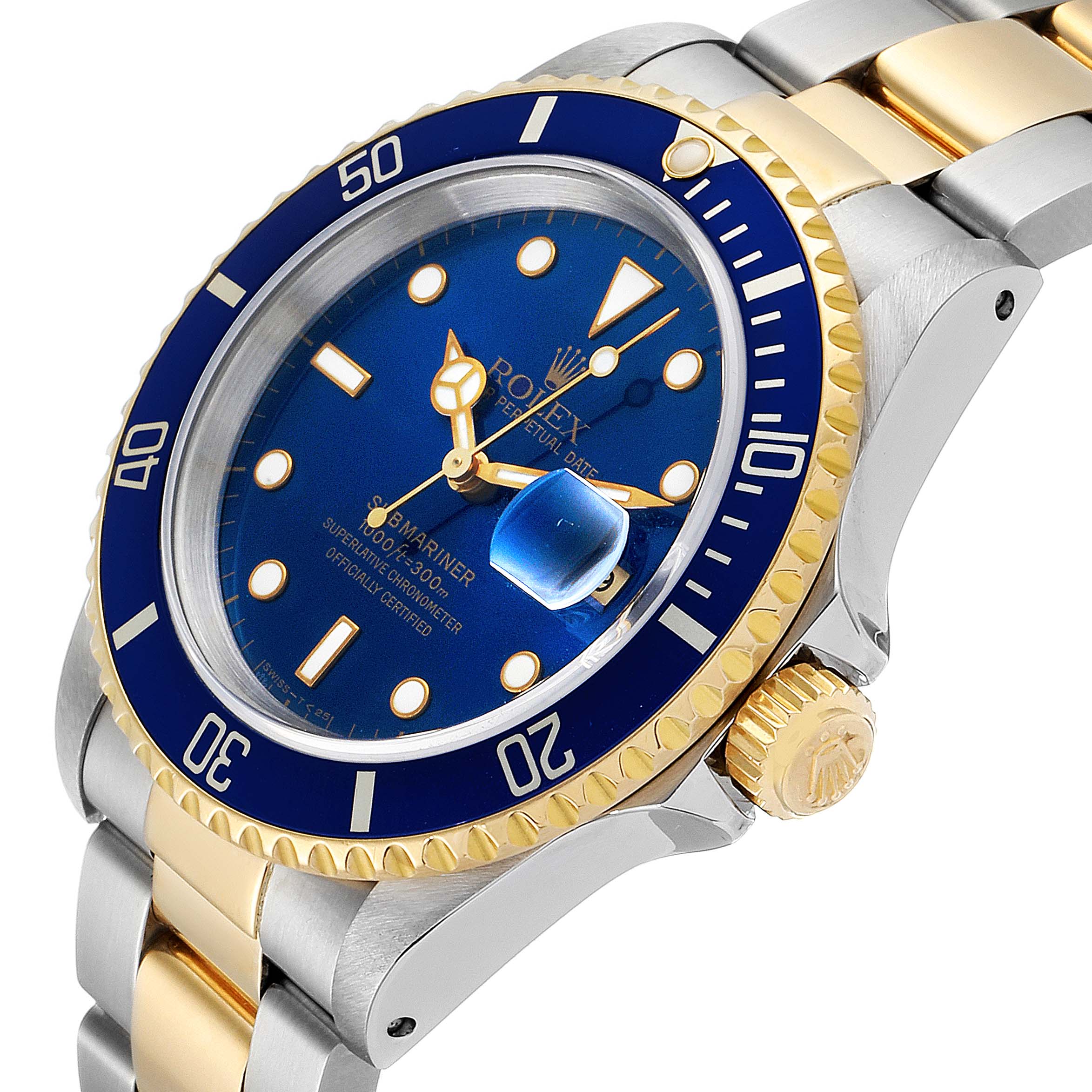 The image shows a close-up angle of the Rolex Submariner 16613 Men
s Steel and Gold (two tone) Blue Dial 16613 Men
s Steel and Gold (two tone) Blue Dial watch, highlighting its blue face, gold crown, and bezel.