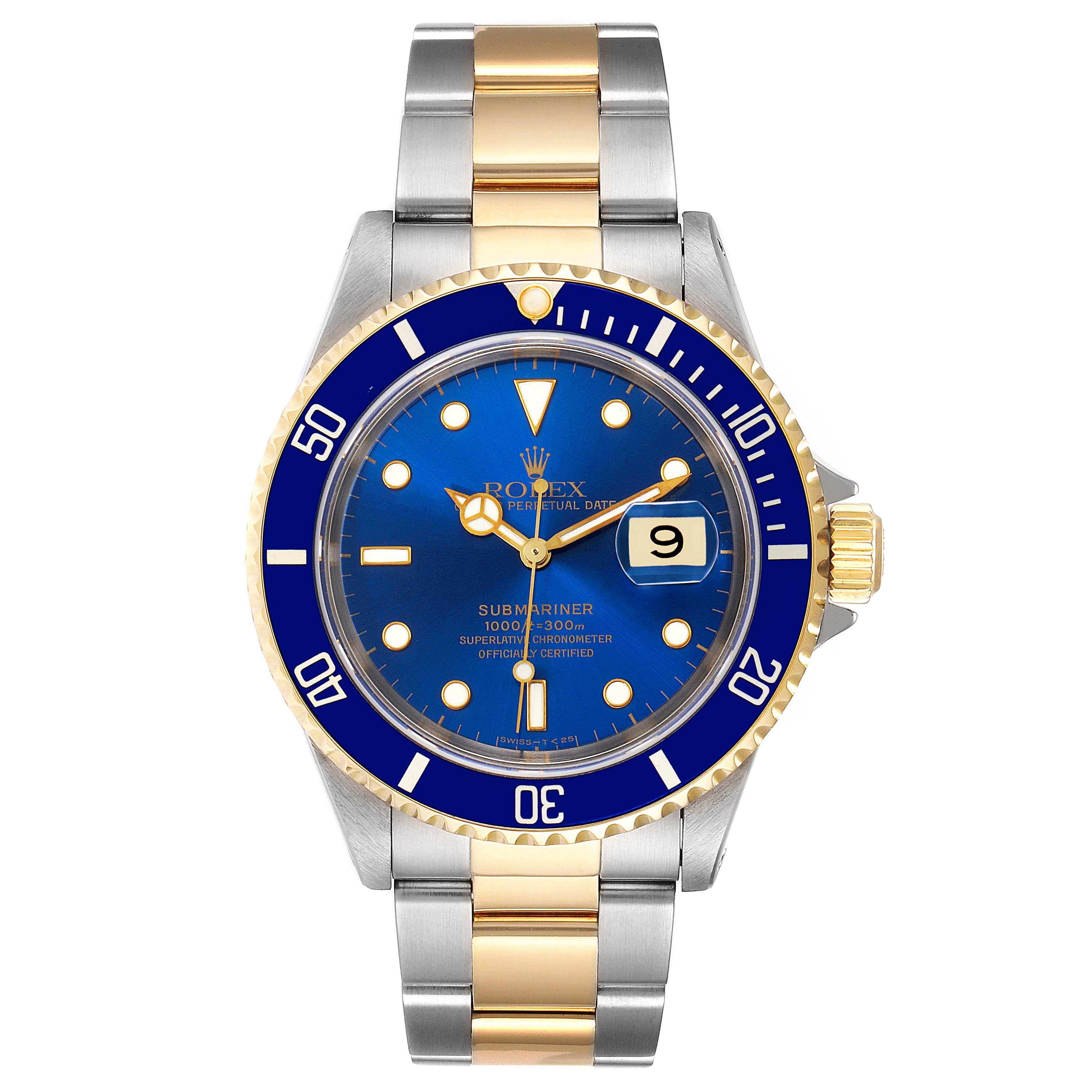 This image shows a front view of a Rolex Submariner 16613 Men
s Steel and Gold (two tone) Blue Dial 16613 Men
s Steel and Gold (two tone) Blue Dial watch with a blue dial, two-tone bracelet, and a gold and blue bezel.