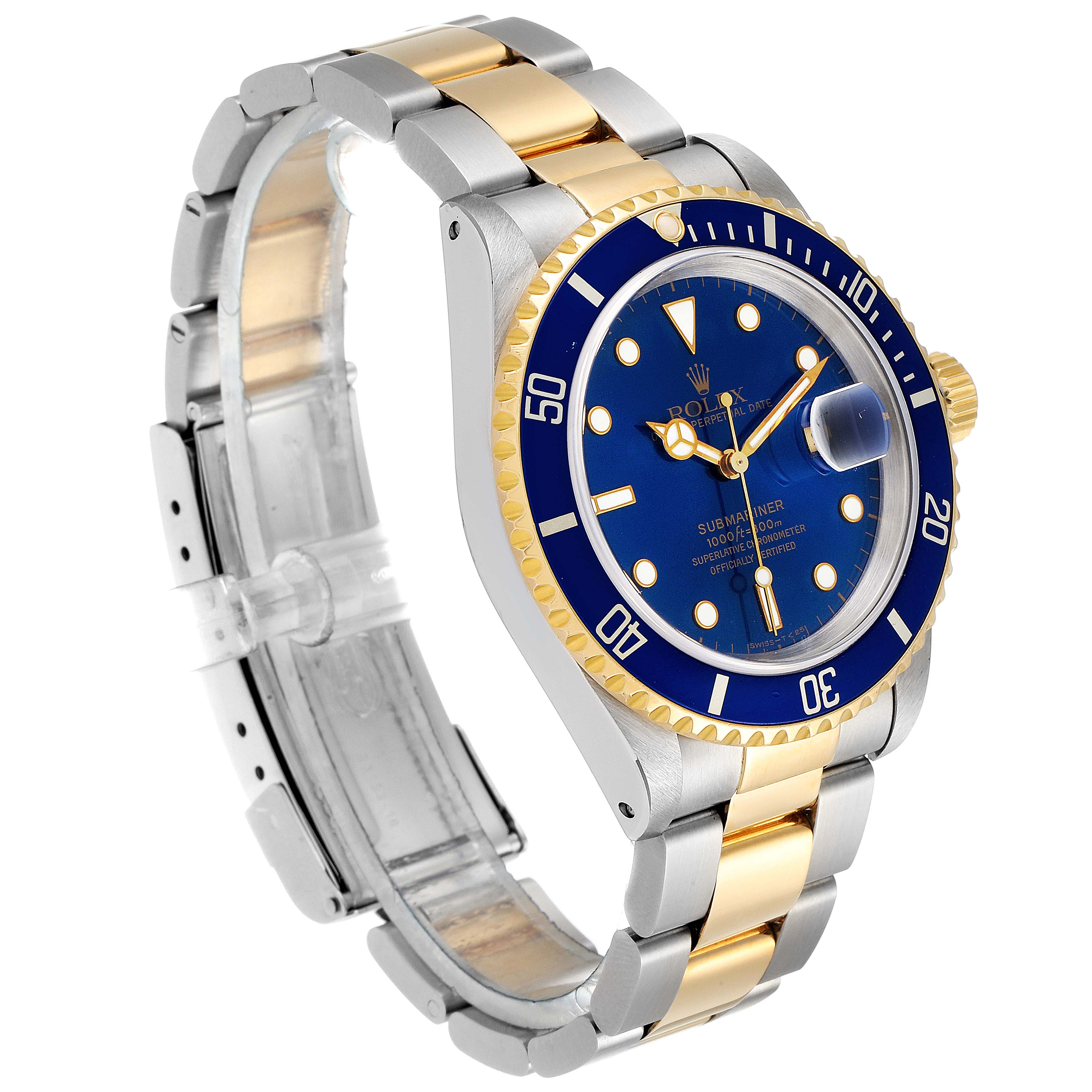 The Rolex Submariner 16613 Men
s Steel and Gold (two tone) Blue Dial 16613 Men
s Steel and Gold (two tone) Blue Dial watch is shown at an angle highlighting its blue dial, gold markers, bezel, and two-tone bracelet.