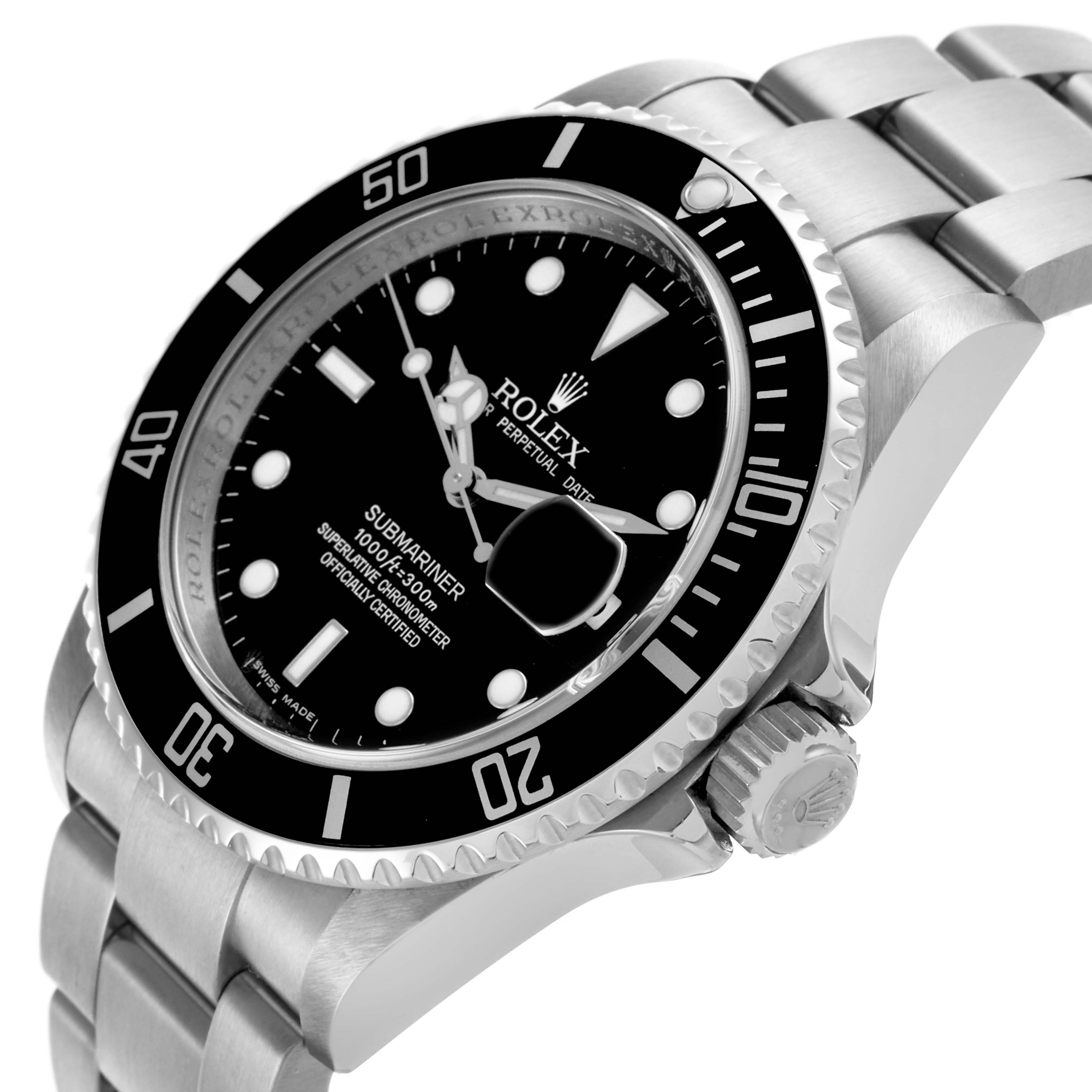 The Rolex Submariner 16610T Men's Stainless Steel Black Dial 16610T Men's Stainless Steel Black Dial watch is shown at an angled side view, displaying the dial, bezel, crown, and bracelet.