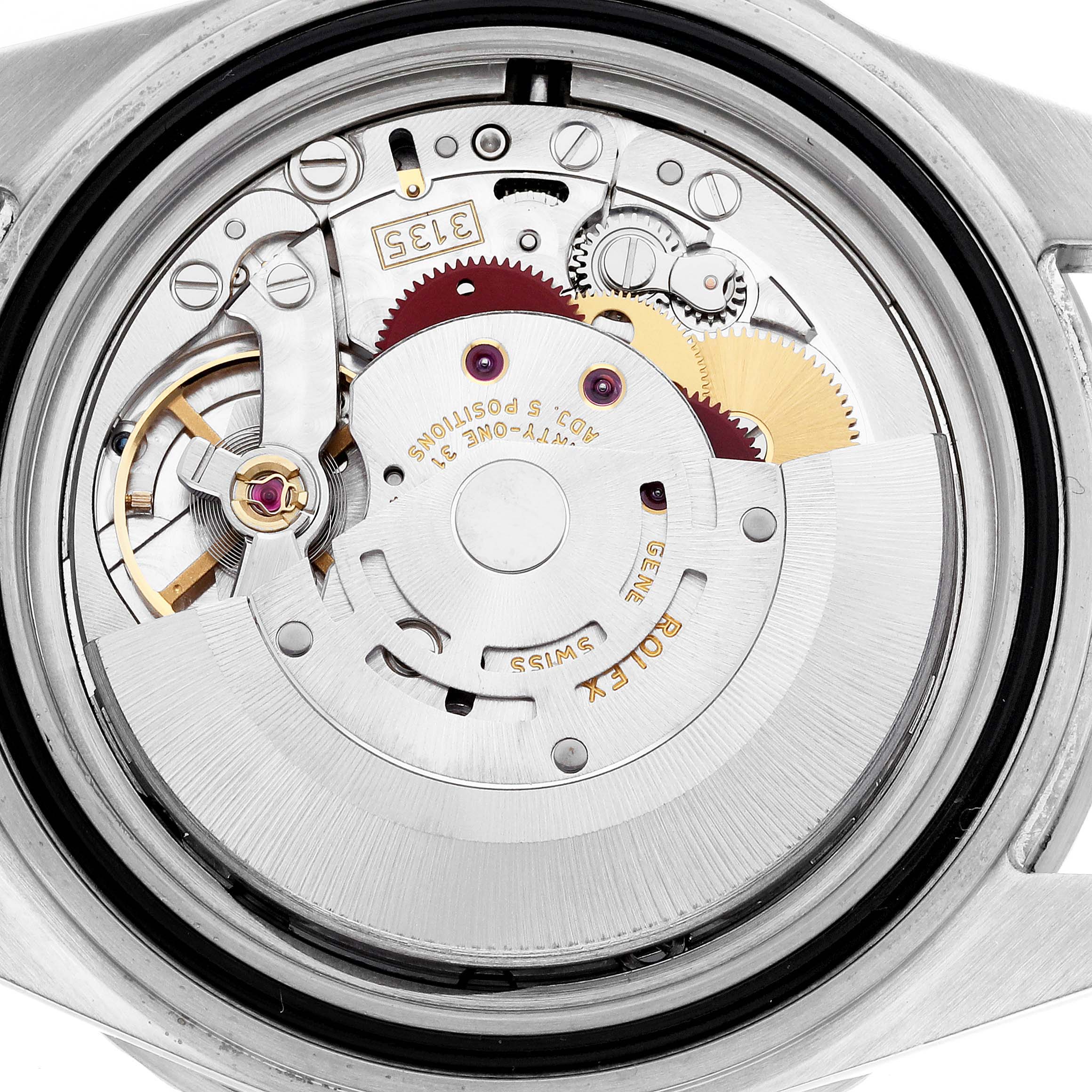 The image shows the internal movement of a Rolex Submariner 16610T Men's Stainless Steel Black Dial 16610T Men's Stainless Steel Black Dial watch from a rear, open-back angle, highlighting gears and mechanisms.