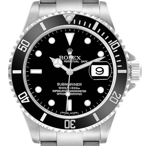 The Rolex Submariner is shown from a front angle, highlighting its dial, bezel, crown, and bracelet.