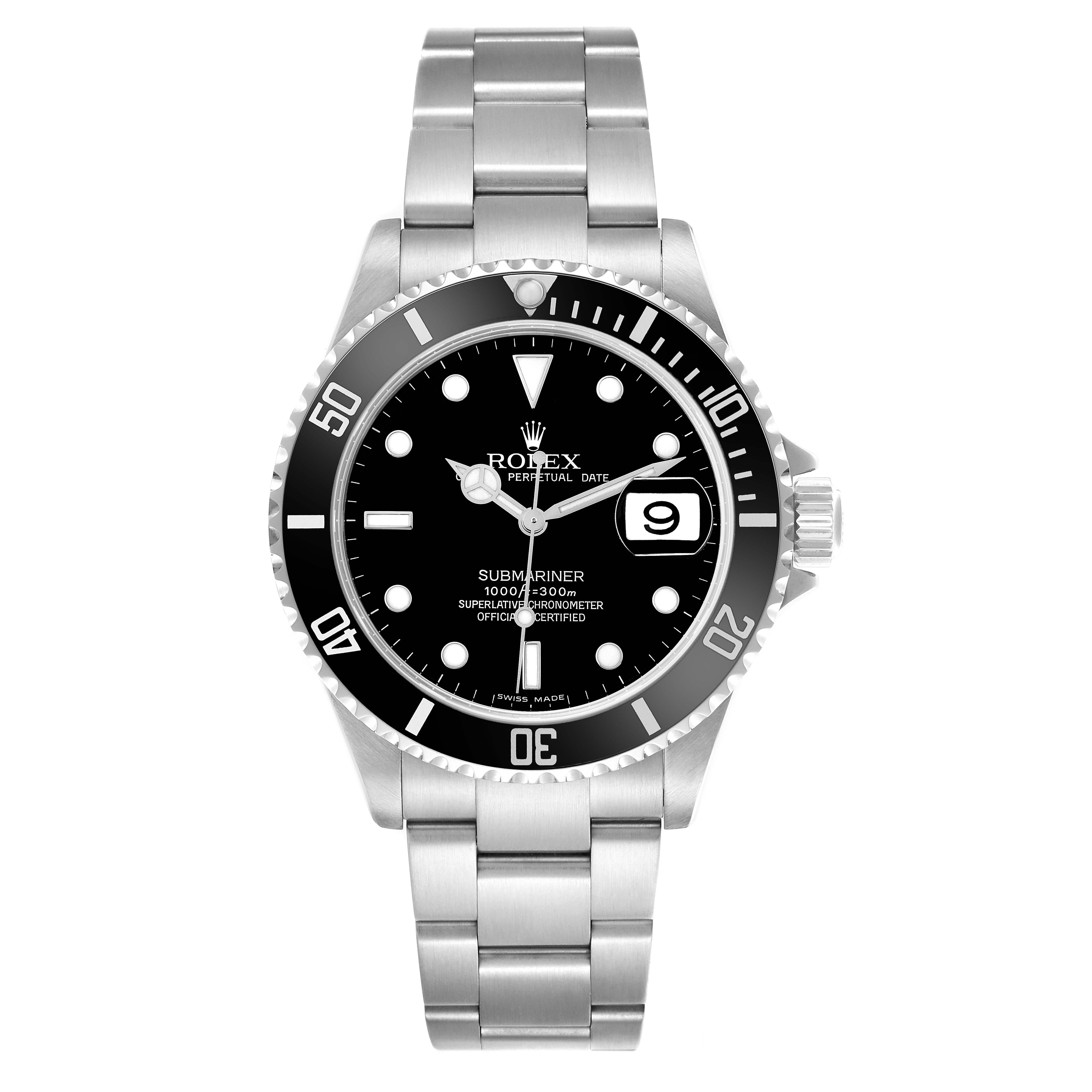 The Rolex Submariner 16610T Men's Stainless Steel Black Dial 16610T Men's Stainless Steel Black Dial watch is shown from a front angle, displaying its dial, bezel, bracelet, and date window.
