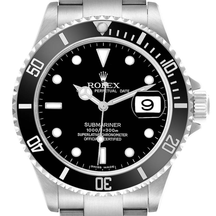 The Rolex Submariner watch is shown from a front angle, highlighting the dial, bezel, and bracelet.