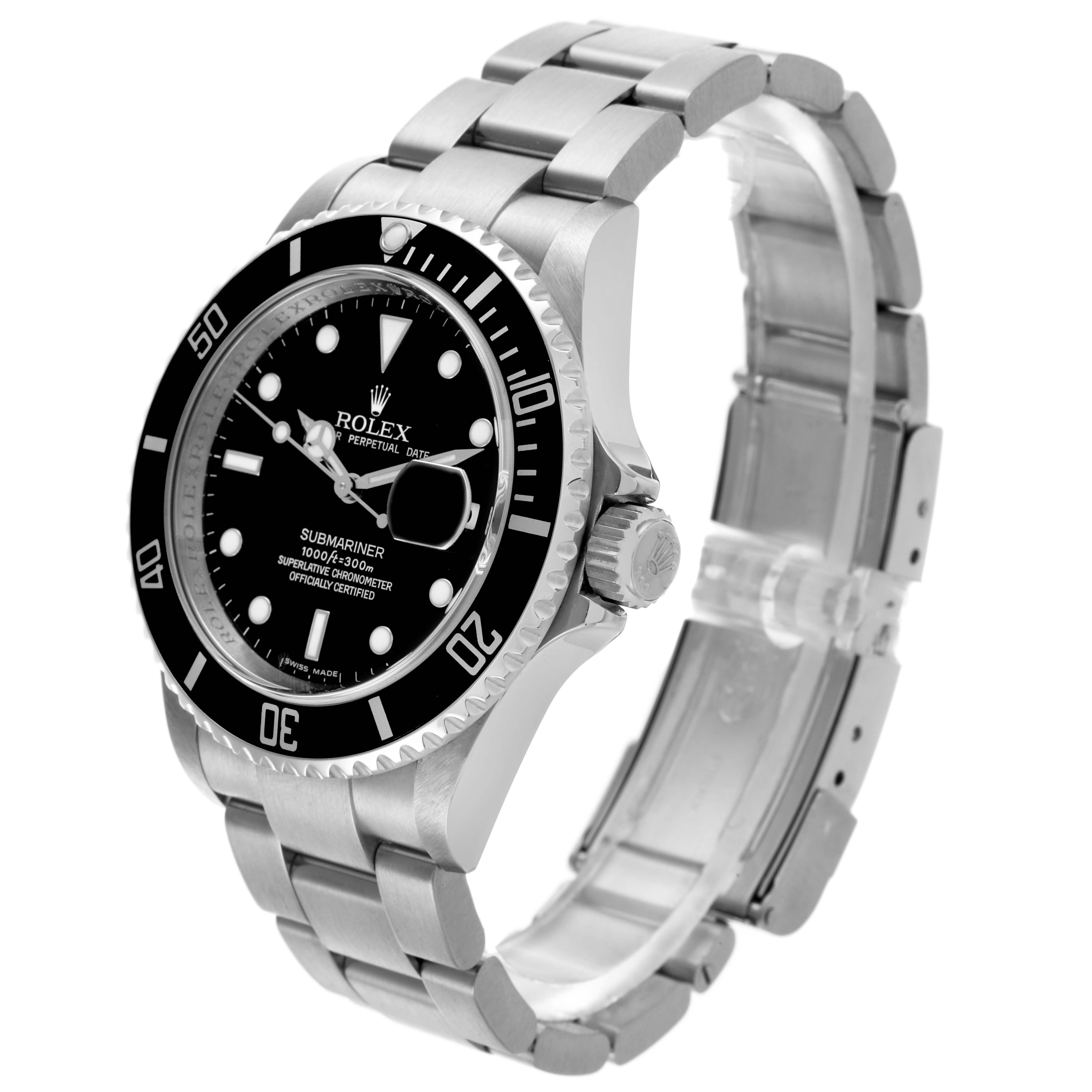 The Rolex Submariner 16610T Men's Stainless Steel Black Dial 16610T Men's Stainless Steel Black Dial is shown at a three-quarter angle, highlighting the face, bezel, crown, and bracelet.