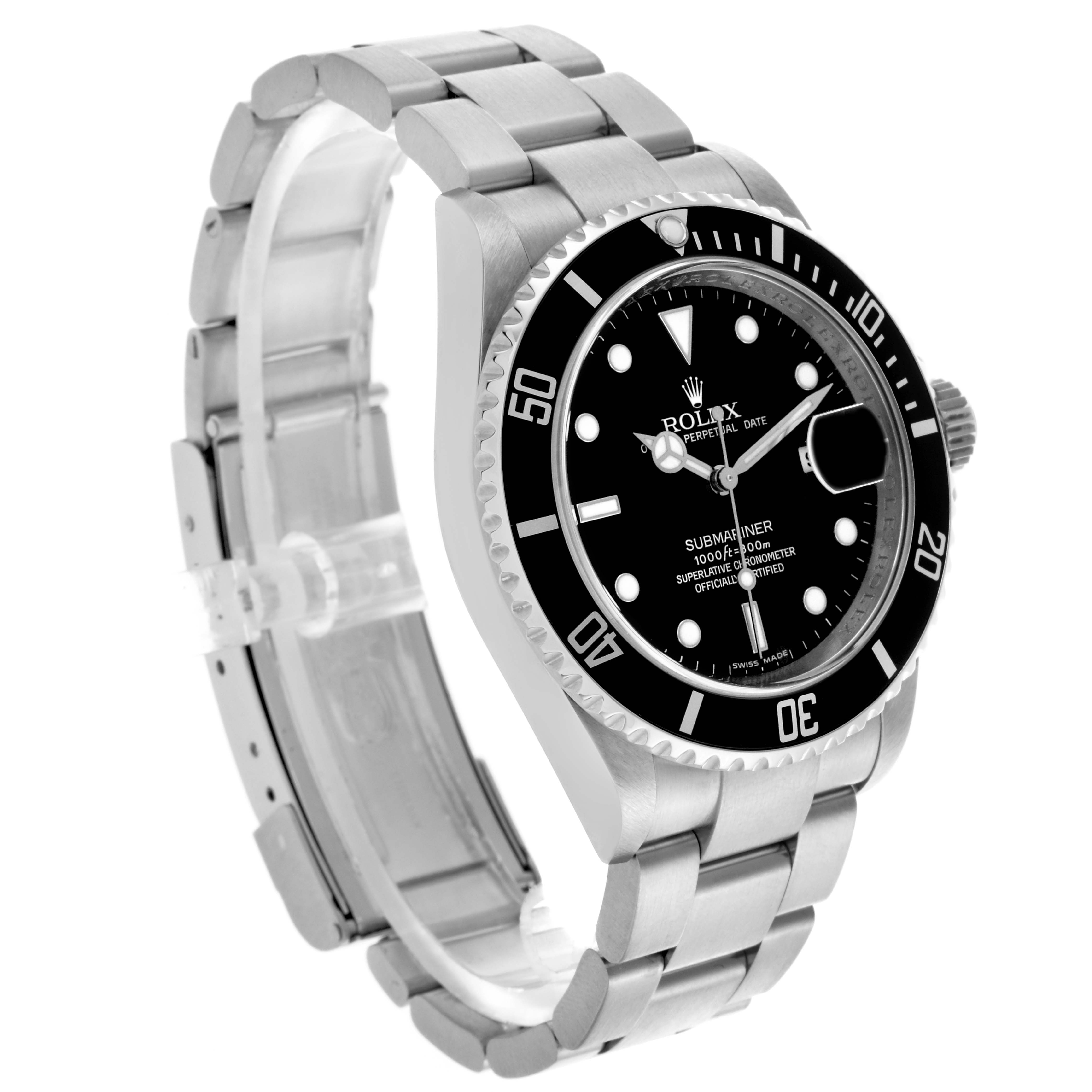 The Rolex Submariner 16610T Men's Stainless Steel Black Dial 16610T Men's Stainless Steel Black Dial watch is shown at a three-quarter angle, highlighting the face, bezel, bracelet, and crown.