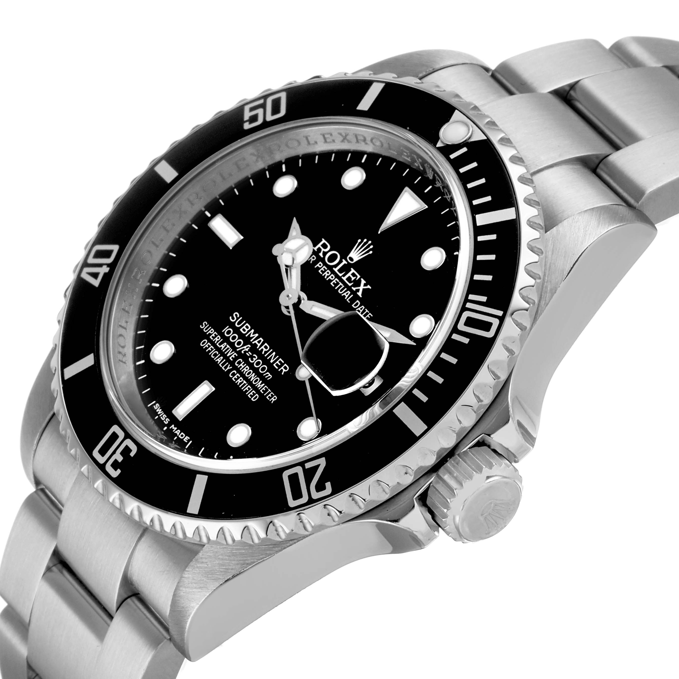 The image shows a side angle of the Rolex Submariner 16610 Men's Stainless Steel Black Dial, highlighting the bezel, dial, bracelet, and crown.