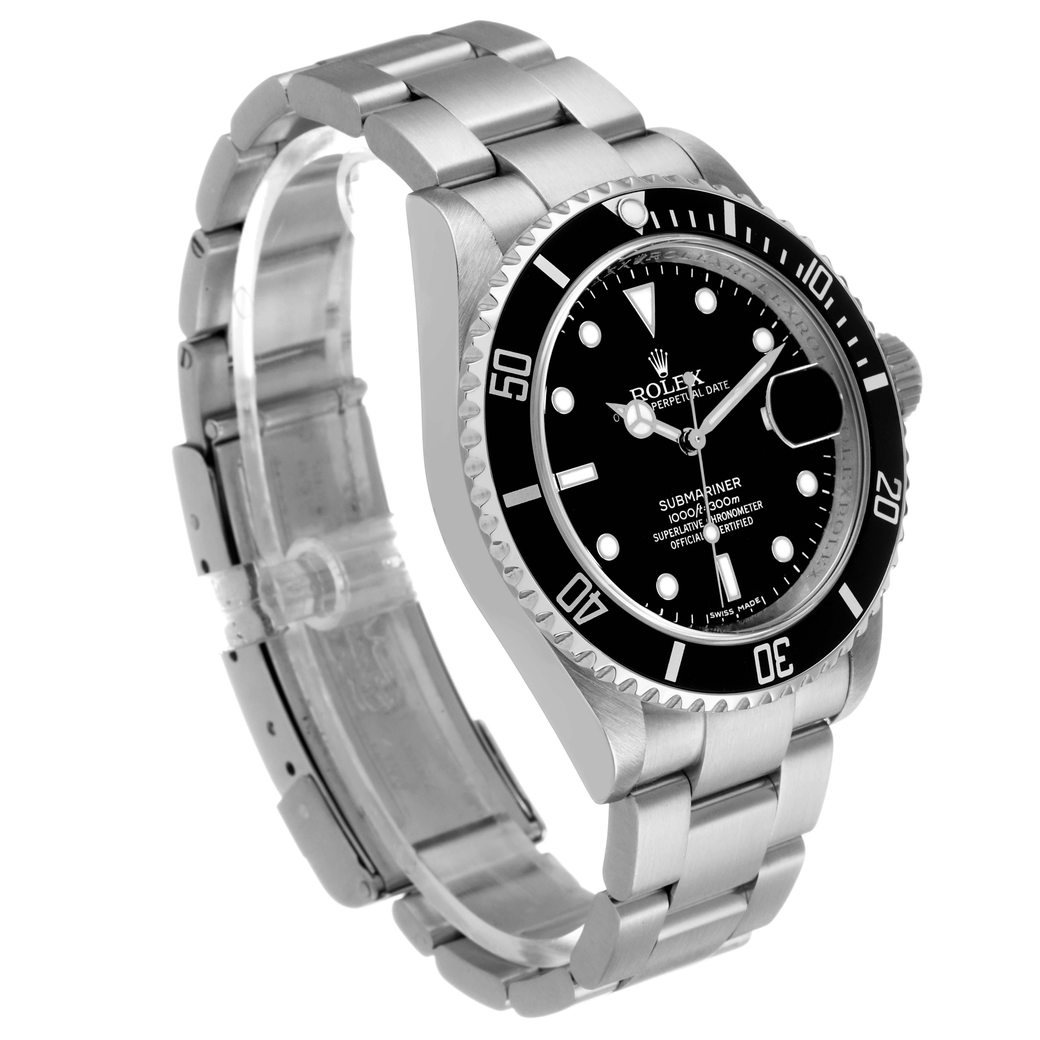 The Rolex Submariner 16610 Men's Stainless Steel Black Dial watch is shown at a three-quarter angle, highlighting the dial, bezel, crown, and bracelet.