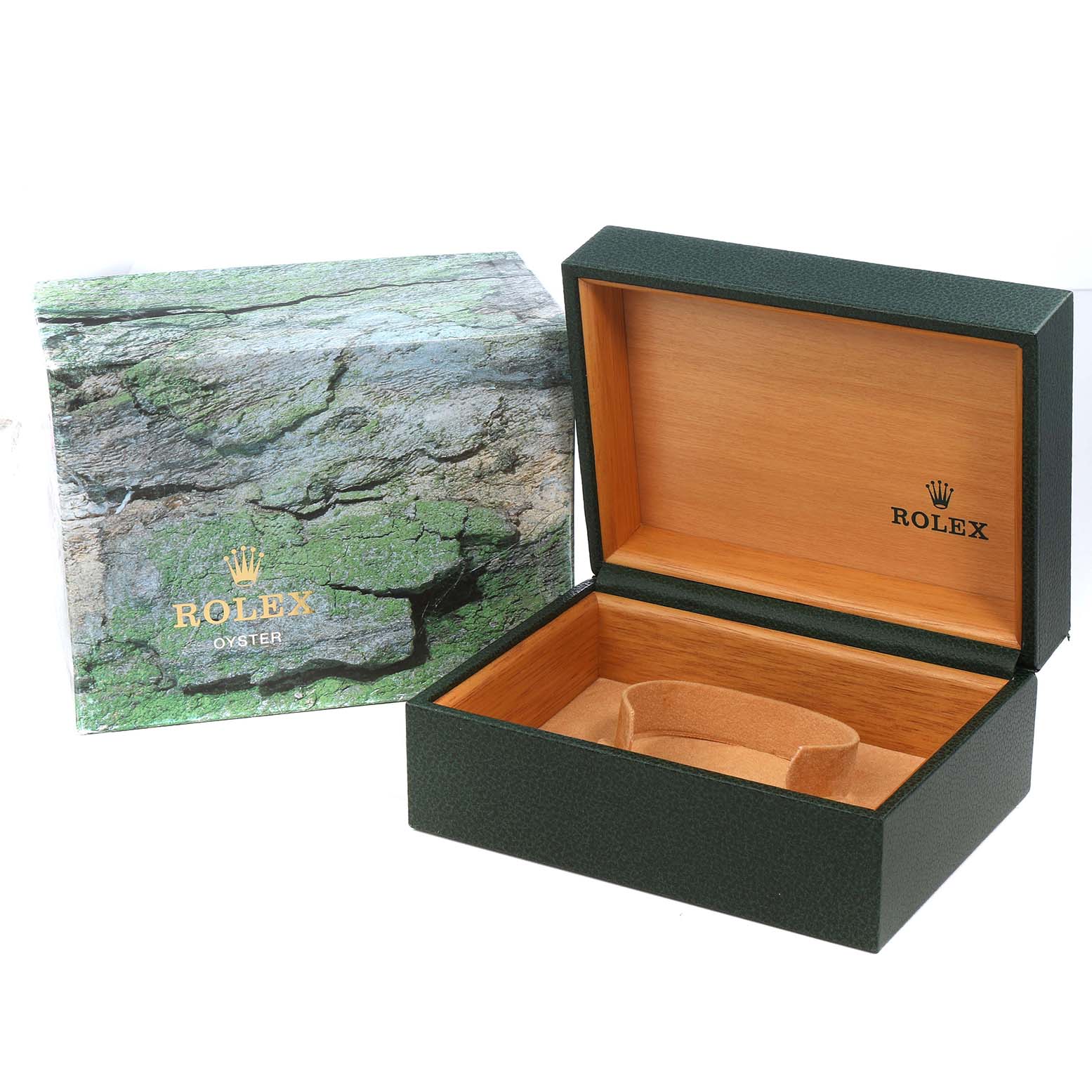 The image shows the open display and outer boxes of a Rolex Submariner 16610 Men's Stainless Steel Black Dial.