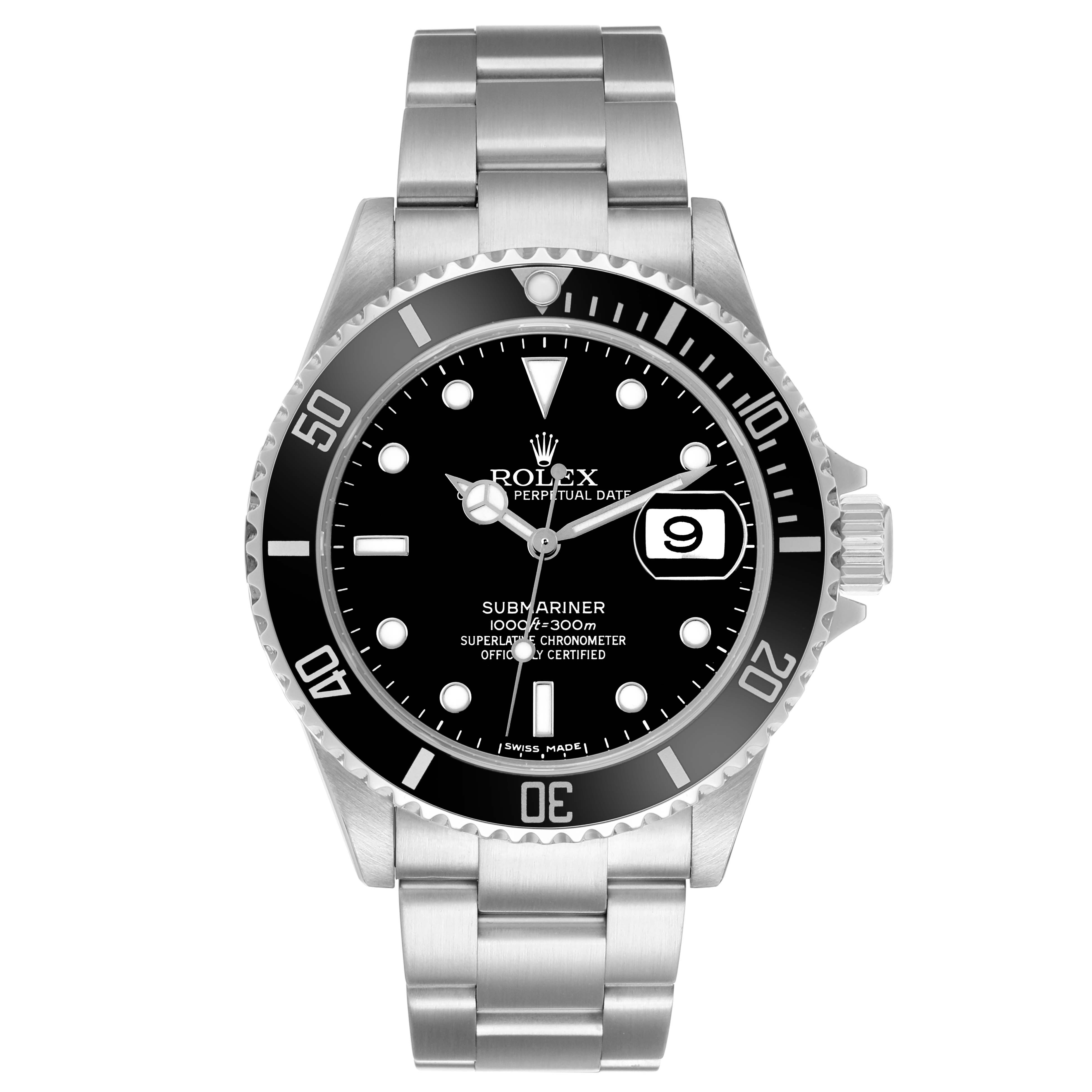 The Rolex Submariner 16610 Men's Stainless Steel Black Dial watch is shown from the front, displaying the dial, bezel, crown, and bracelet.