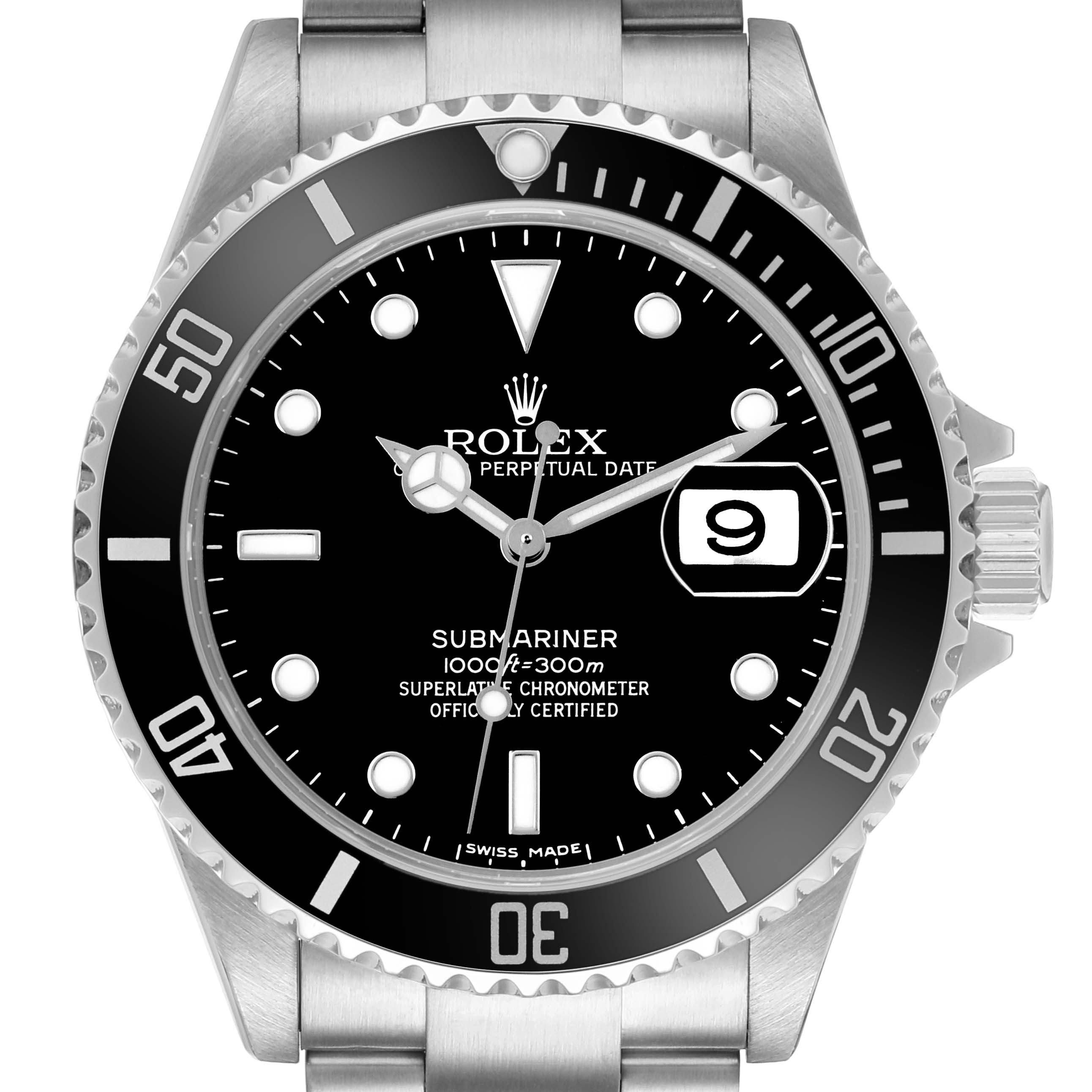 The Rolex Submariner 16610 Men's Stainless Steel Black Dial is shown from a front angle, highlighting the bezel, dial, hands, and bracelet.