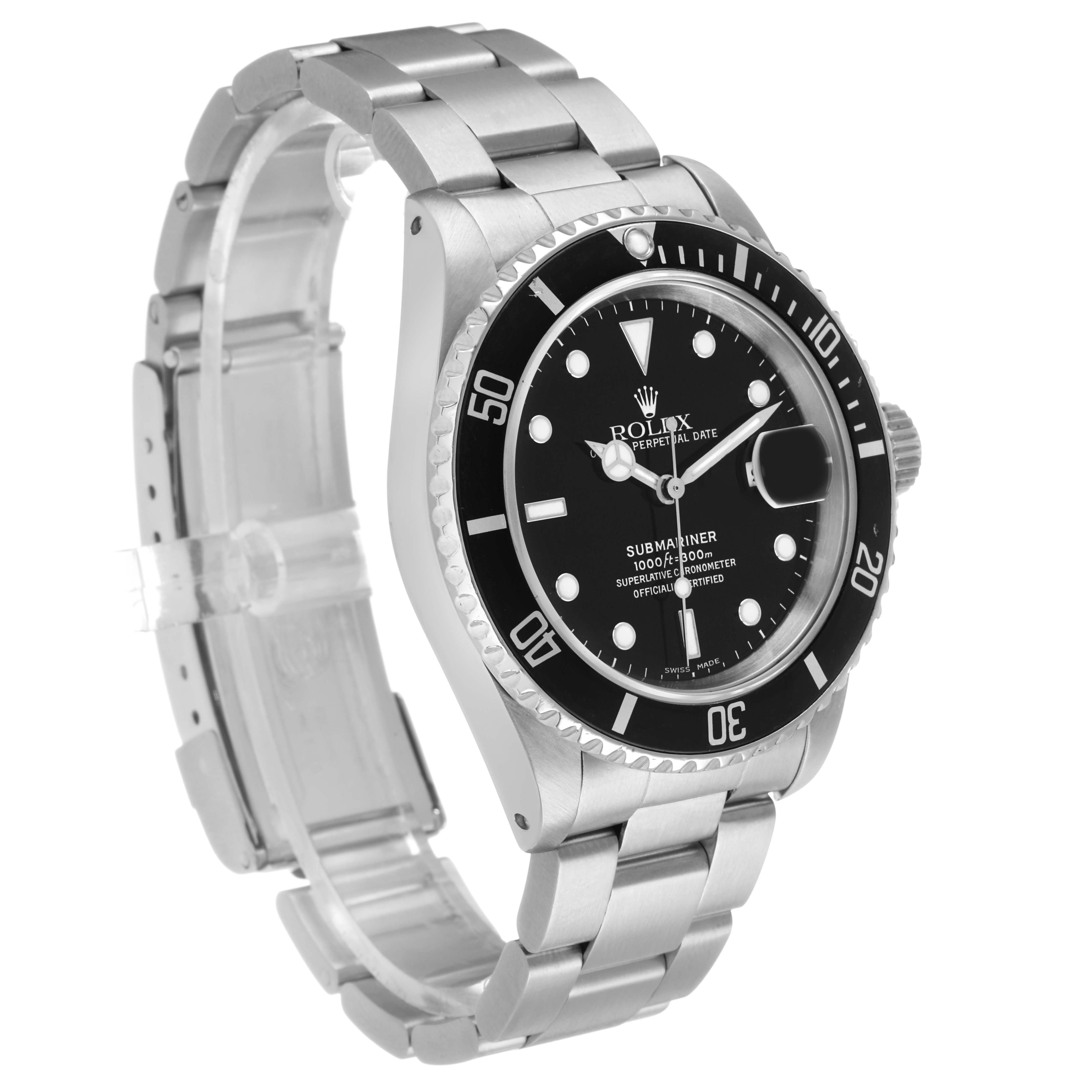 The Rolex Submariner 16610 Men's Stainless Steel Black Dial is shown at a three-quarter angle, displaying the bezel, dial, and bracelet.