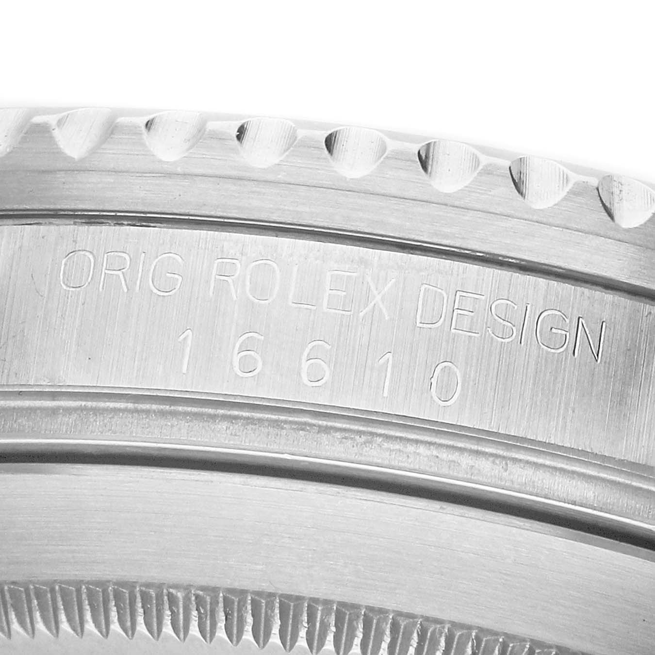 The image shows a close-up view of the Rolex Submariner 16610 Men's Stainless Steel Black Dial's case side, highlighting the engraved design and model number 16610.