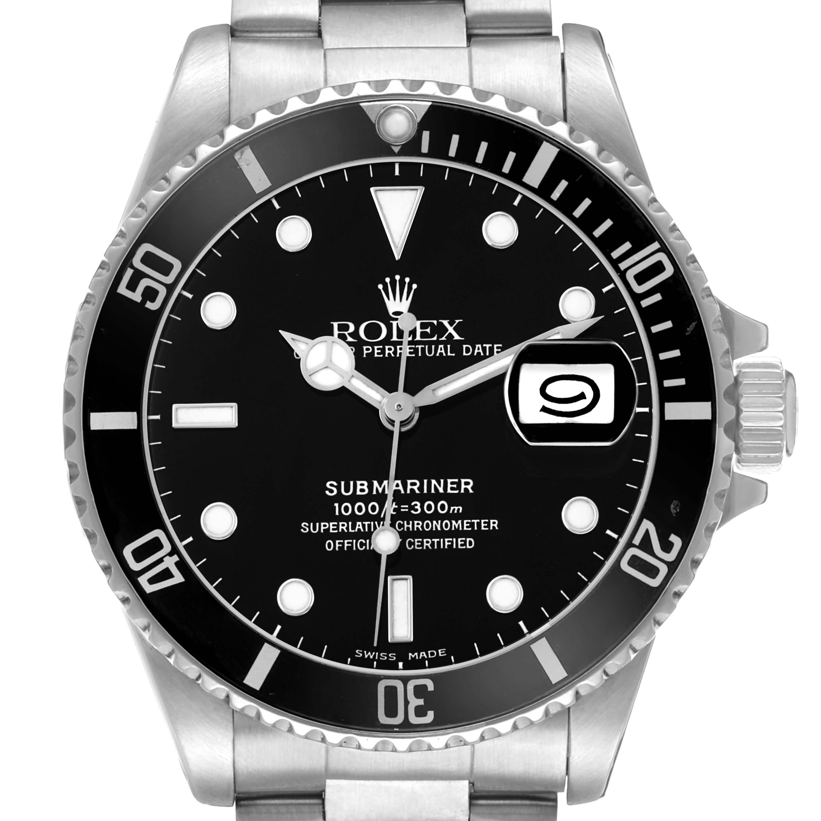 The Rolex Submariner 16610 Men's Stainless Steel Black Dial watch is shown from the front, highlighting the dial, bezel, crown, and part of the bracelet.