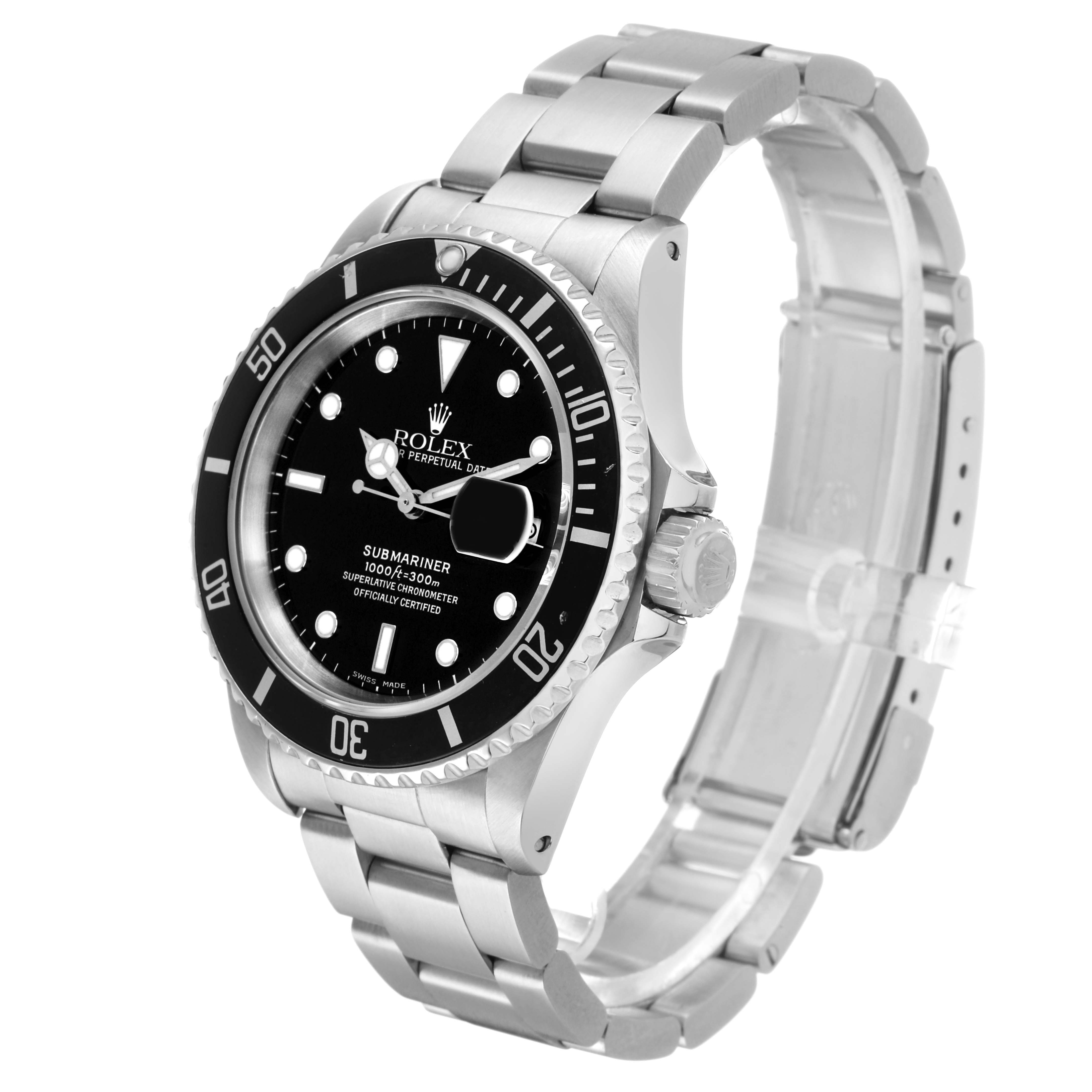 The Rolex Submariner 16610 Men's Stainless Steel Black Dial is shown at a three-quarter angle, highlighting the face, bezel, and bracelet.