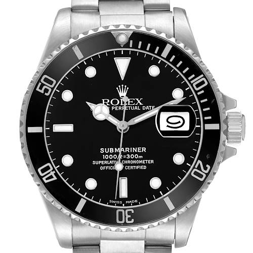 The Rolex Submariner 16610 Men's Stainless Steel Black Dial is shown from a frontal angle, highlighting its dial, bezel, crown, and bracelet.