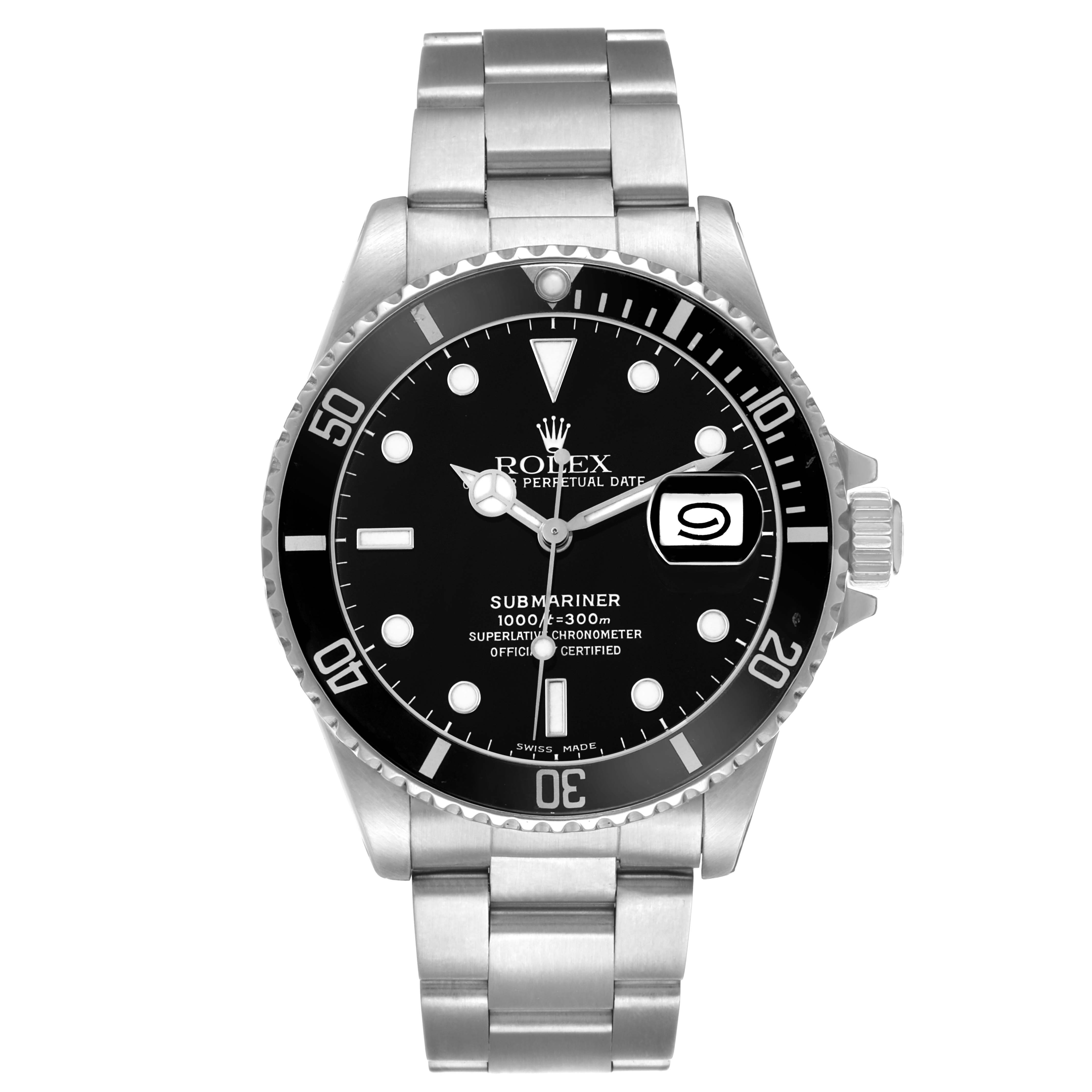 The Rolex Submariner 16610 Men's Stainless Steel Black Dial watch is shown from a top view, highlighting the dial, bezel, bracelet, and crown.