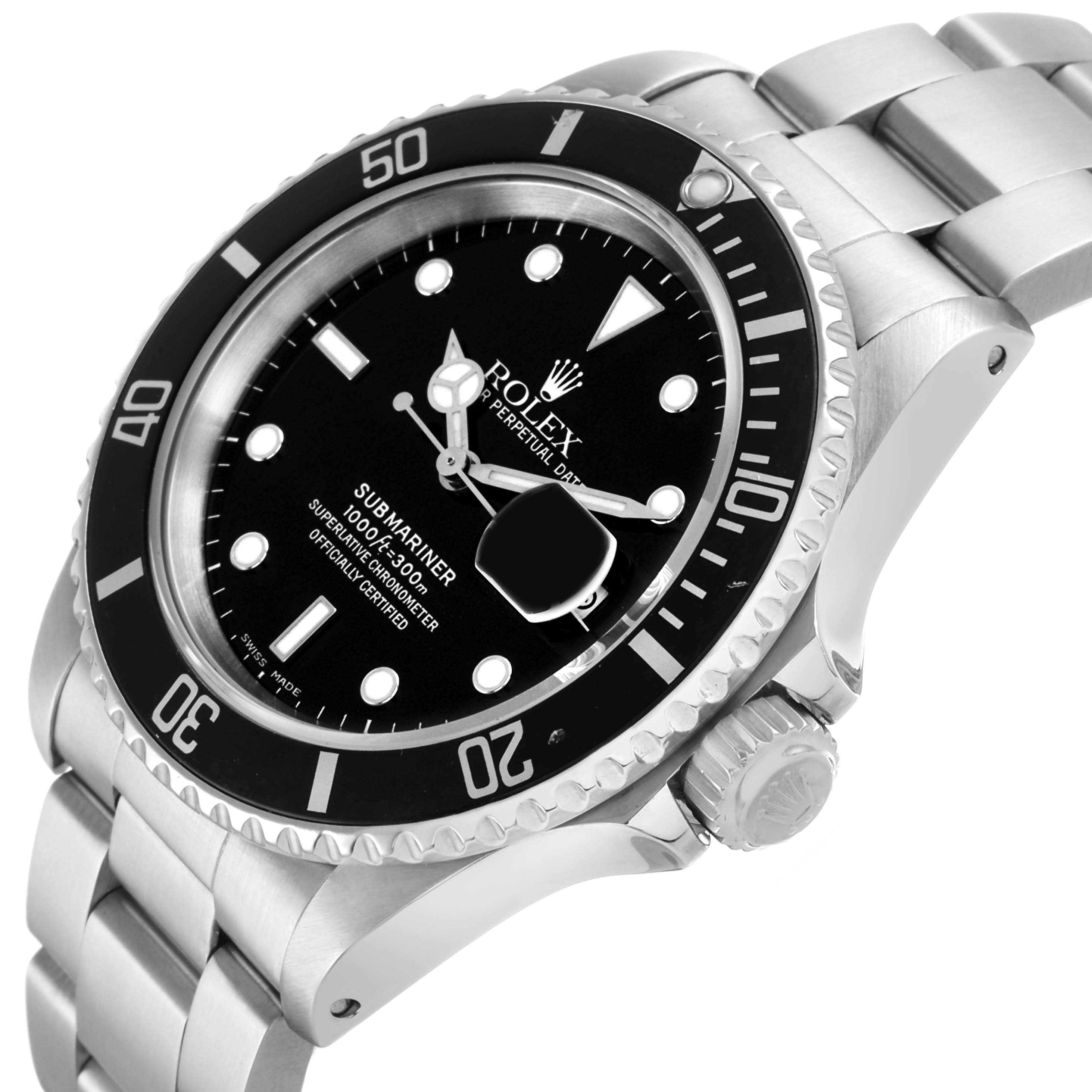 The Rolex Submariner 16610 Men's Stainless Steel Black Dial is shown at a slight angle displaying the black dial, bezel, crown, and stainless steel bracelet.