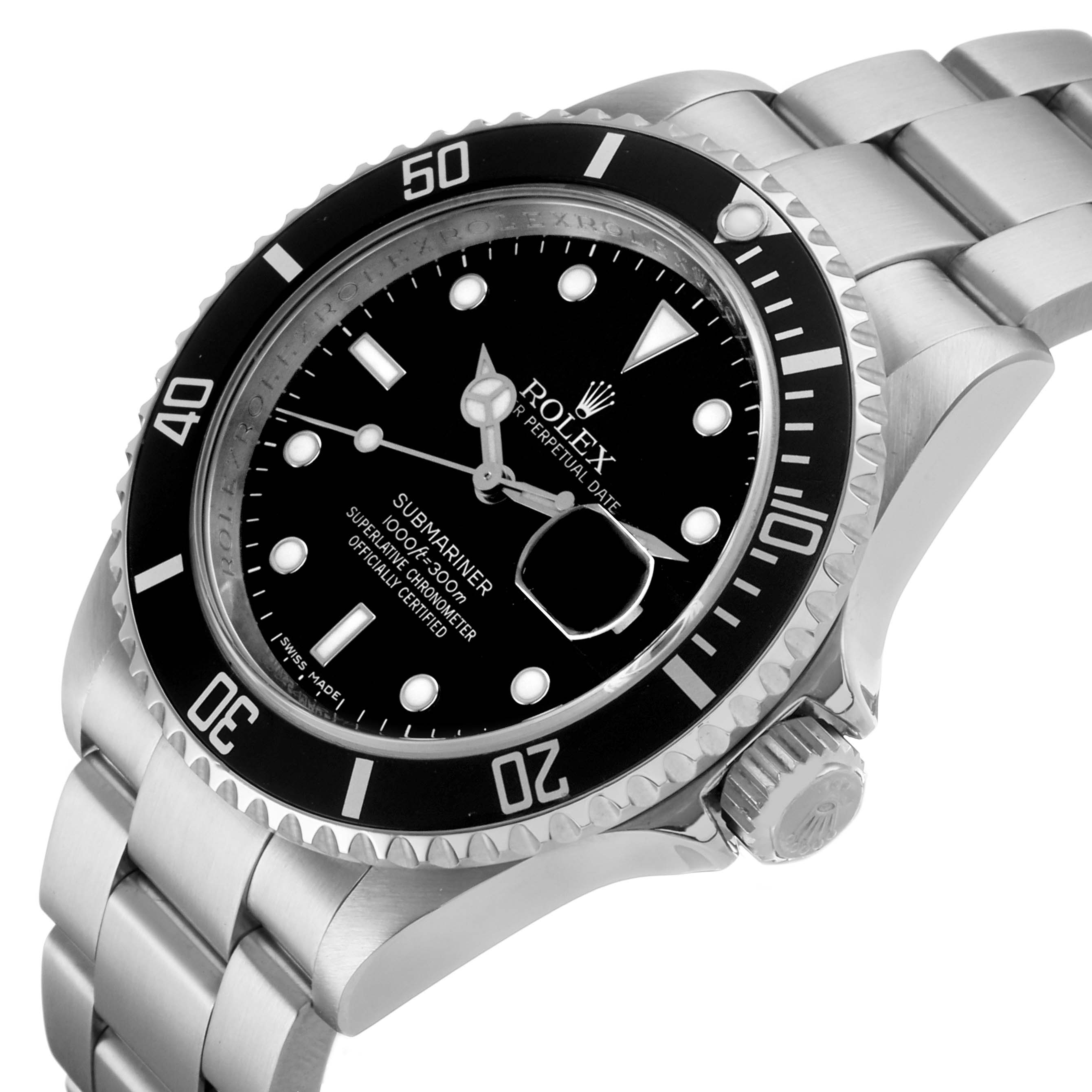 The Rolex Submariner 16610 Men's Stainless Steel Black Dial watch is shown at a slight angle, highlighting the bezel, dial, crown, and bracelet.