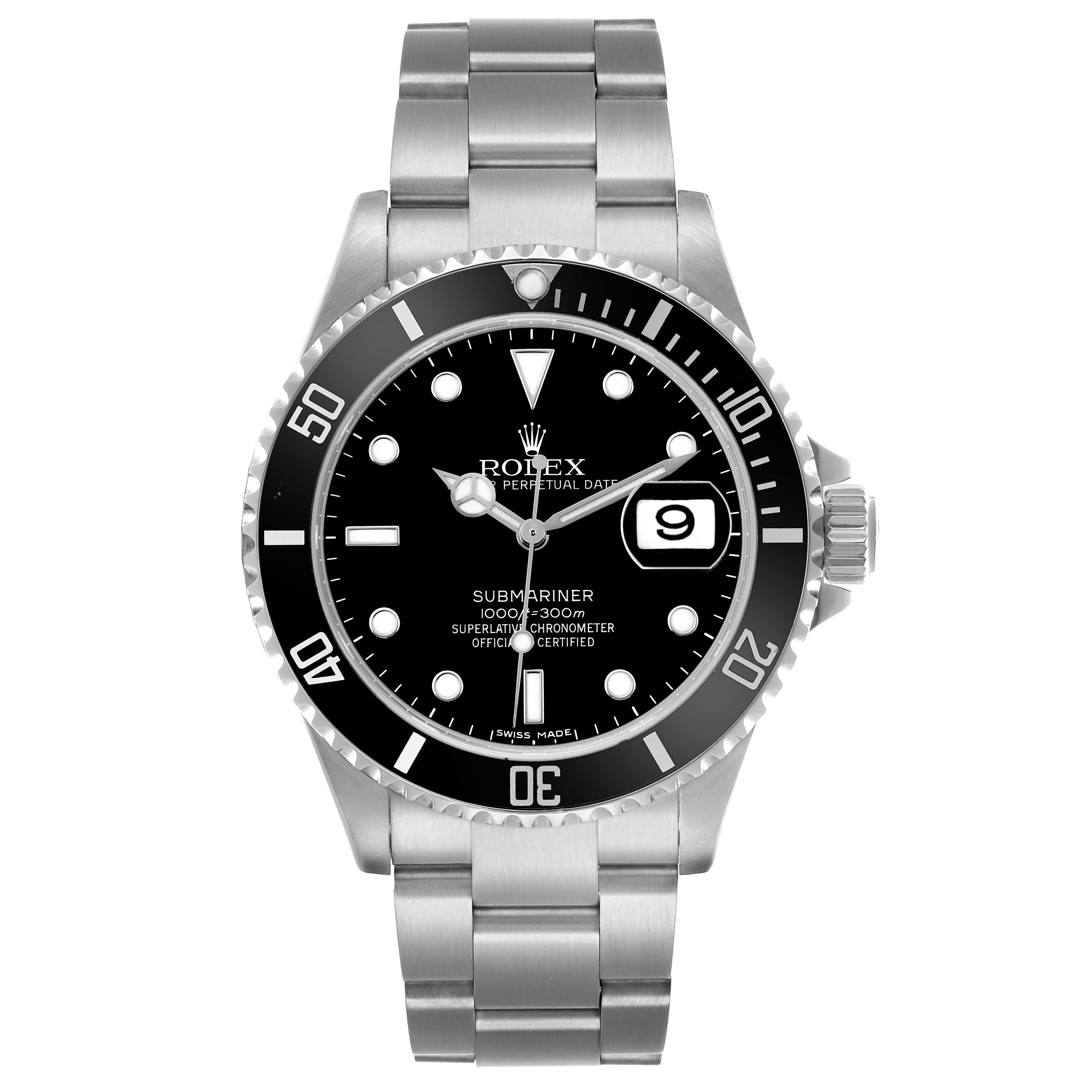 The image shows a Rolex Submariner 16610 Men's Stainless Steel Black Dial watch from a front angle, highlighting the dial, bezel, case, and bracelet.