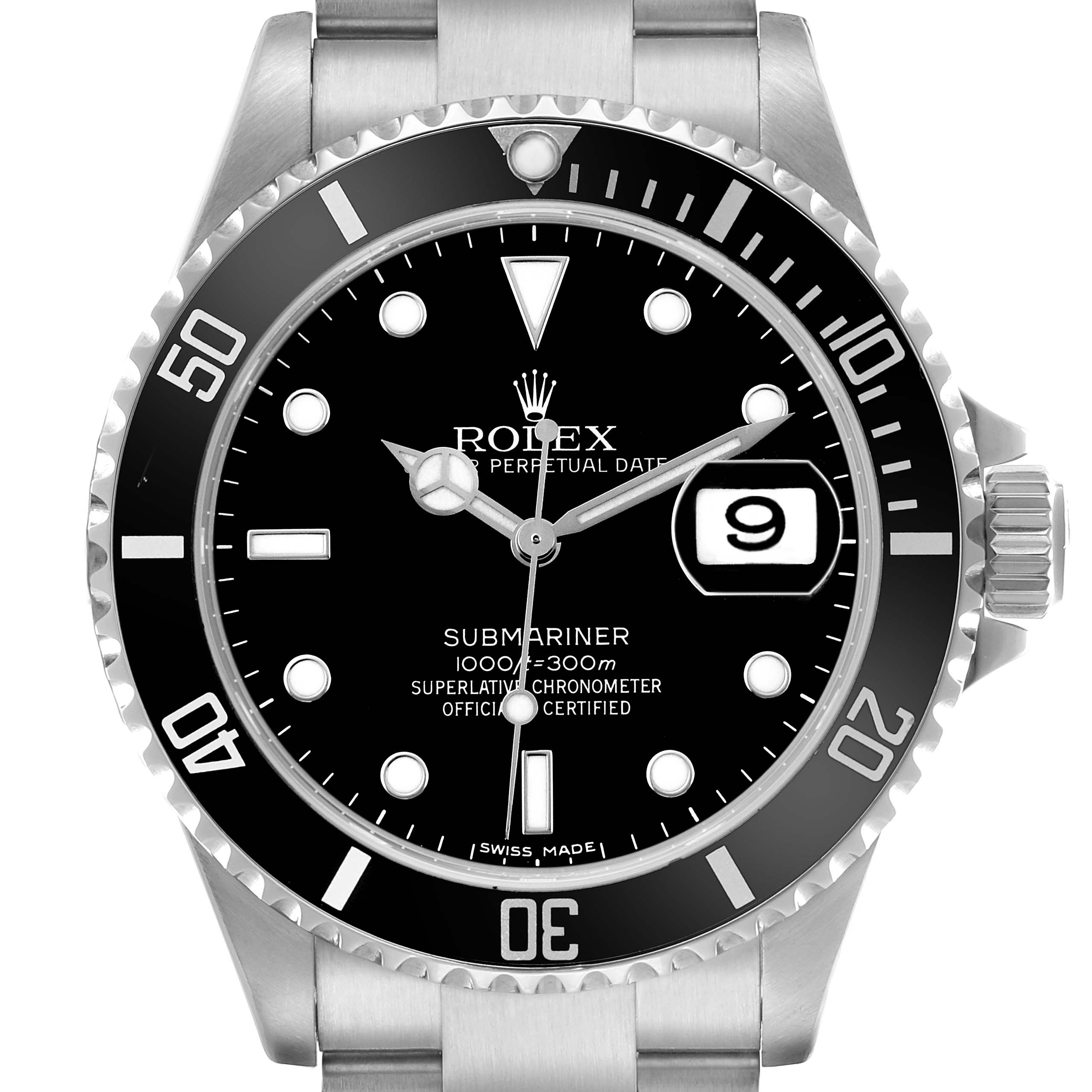 The Rolex Submariner 16610 Men's Stainless Steel Black Dial watch is shown from the front, displaying the dial, bezel, and part of the bracelet.