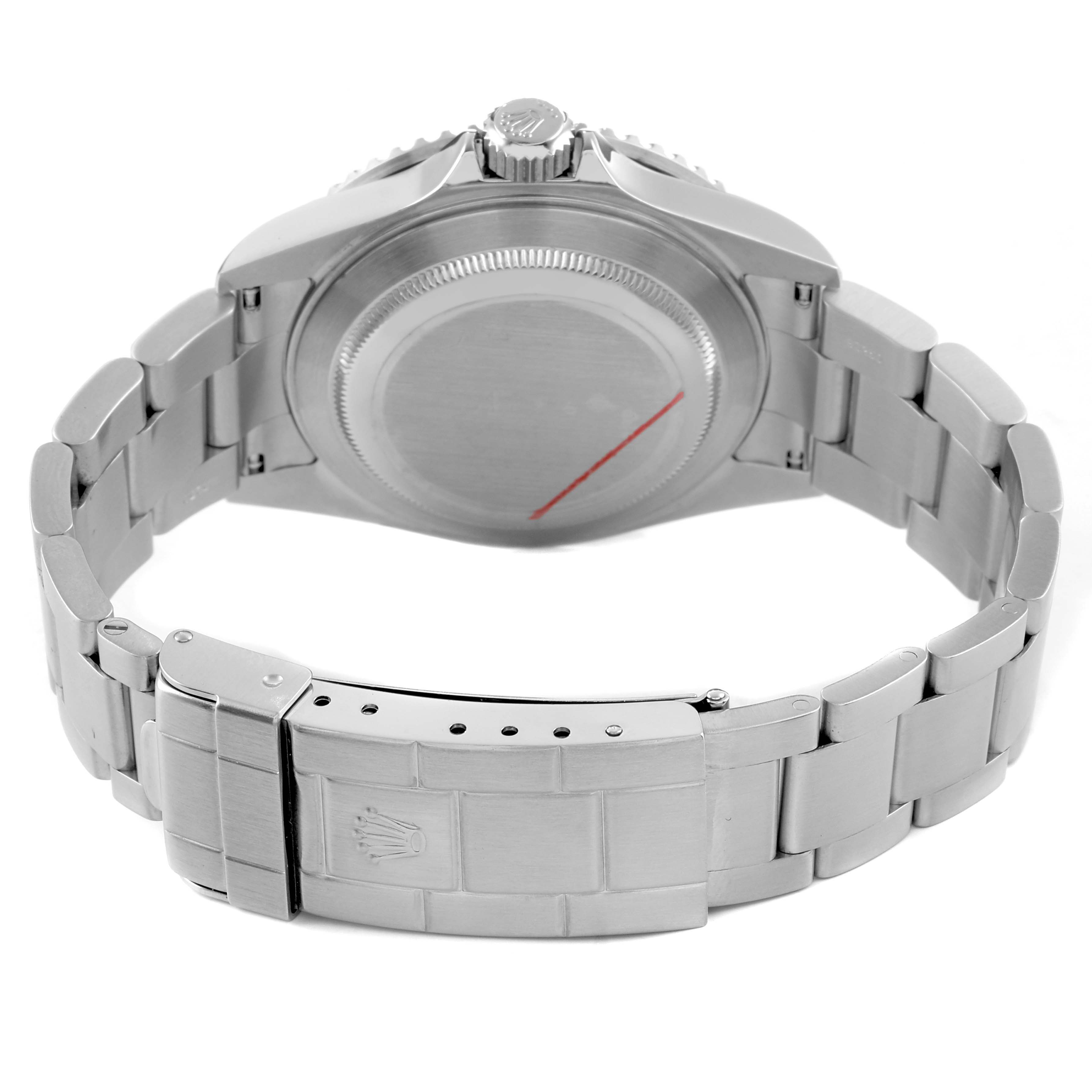 The image shows the back and bracelet of a Rolex Submariner 16610 Men's Stainless Steel Black Dial, highlighting the clasp and case back from a rear angle.