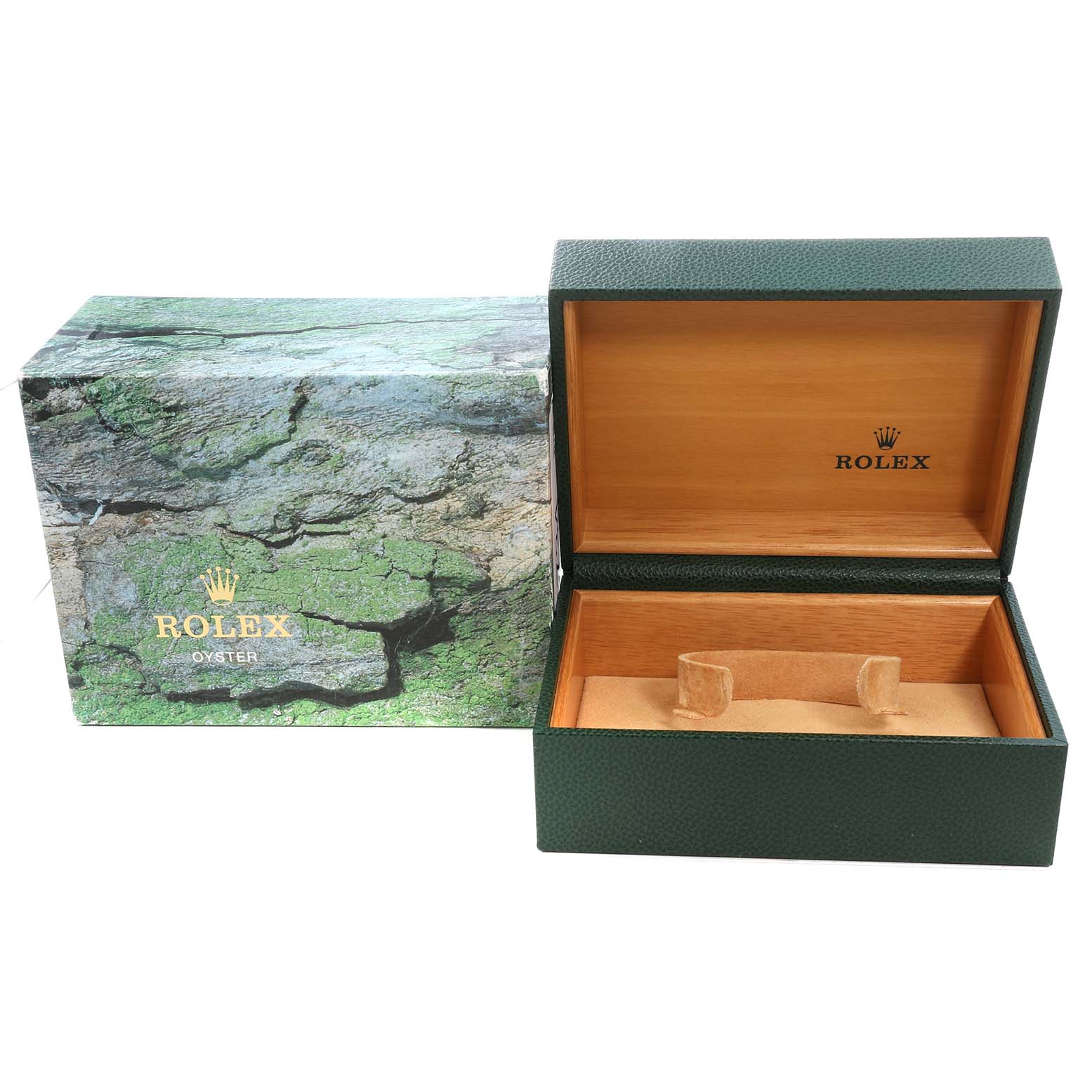 The image shows an open Rolex Submariner 16610 Men's Stainless Steel Black Dial watch box with its outer packaging, highlighting the interior and branding.