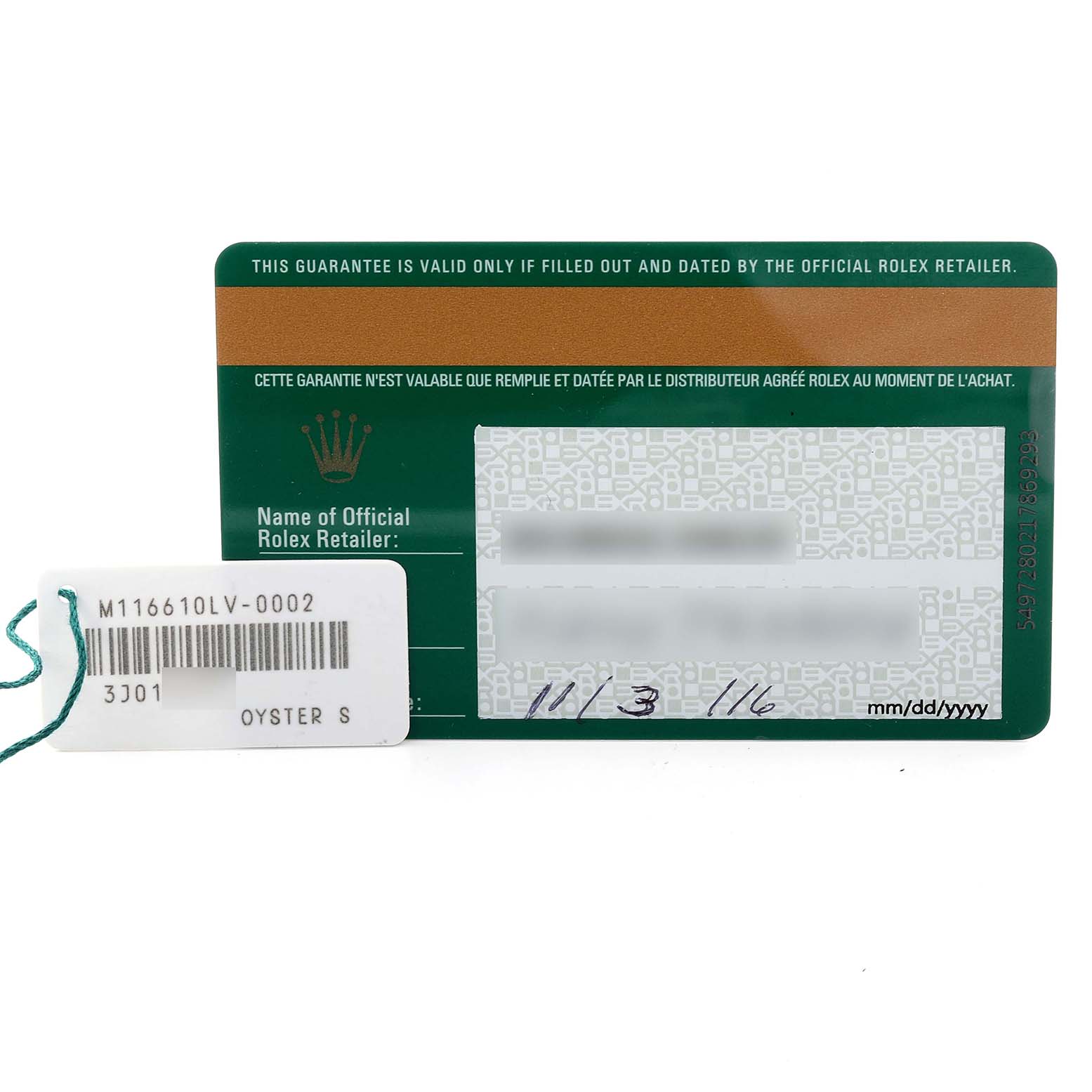 The image shows a warranty card and tag for the Rolex Submariner 116610LV Men's Stainless Steel Green Dial 116610LV Men's Stainless Steel Green Dial model.