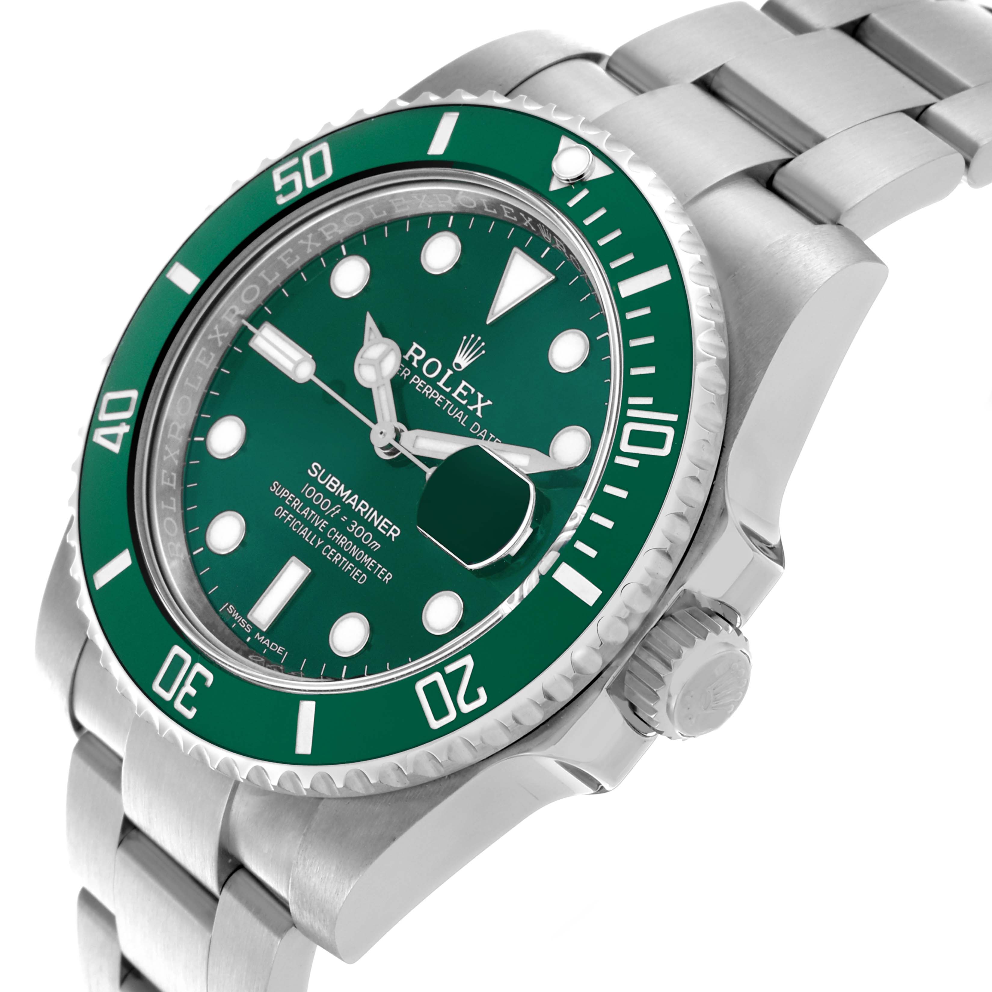 The Rolex Submariner 116610LV Men's Stainless Steel Green Dial 116610LV Men's Stainless Steel Green Dial is shown at a three-quarter angle, displaying the green bezel, dial, crown, and part of the bracelet.