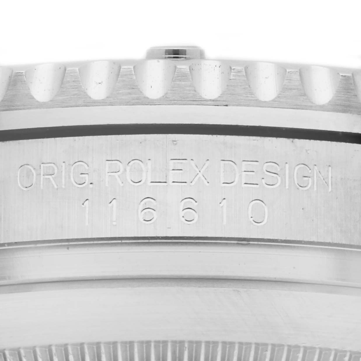 The image shows the side view of a Rolex Submariner 116610LV Men's Stainless Steel Green Dial 116610LV Men's Stainless Steel Green Dial watch's case with the model number 116610 engraved.