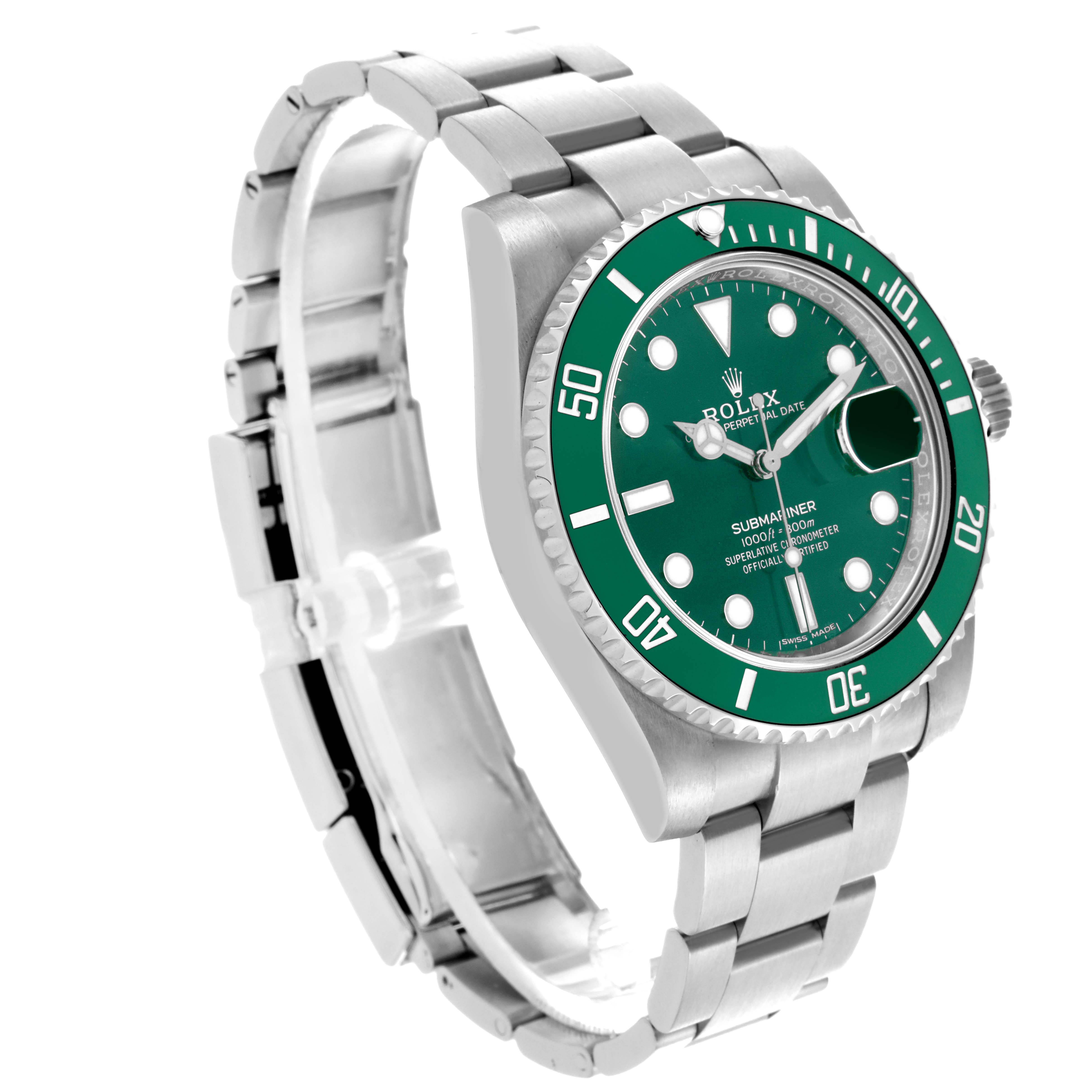 The Rolex Submariner 116610LV Men's Stainless Steel Green Dial 116610LV Men's Stainless Steel Green Dial is shown from a three-quarter angle, highlighting the green bezel, face, and stainless steel bracelet.