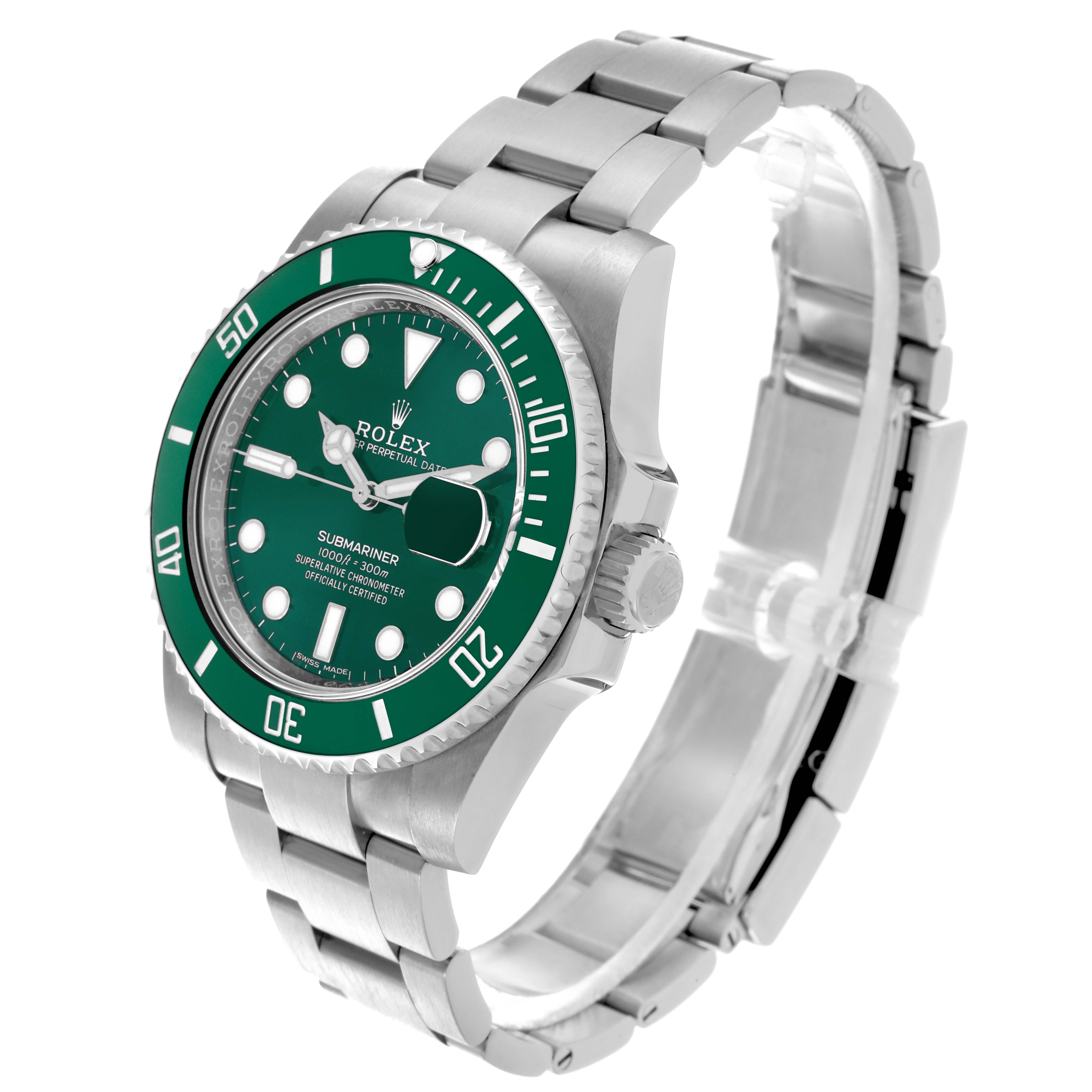 The image shows the Rolex Submariner 116610LV Men's Stainless Steel Green Dial 116610LV Men's Stainless Steel Green Dial from a three-quarter angle highlighting the case, bezel, dial, and bracelet.