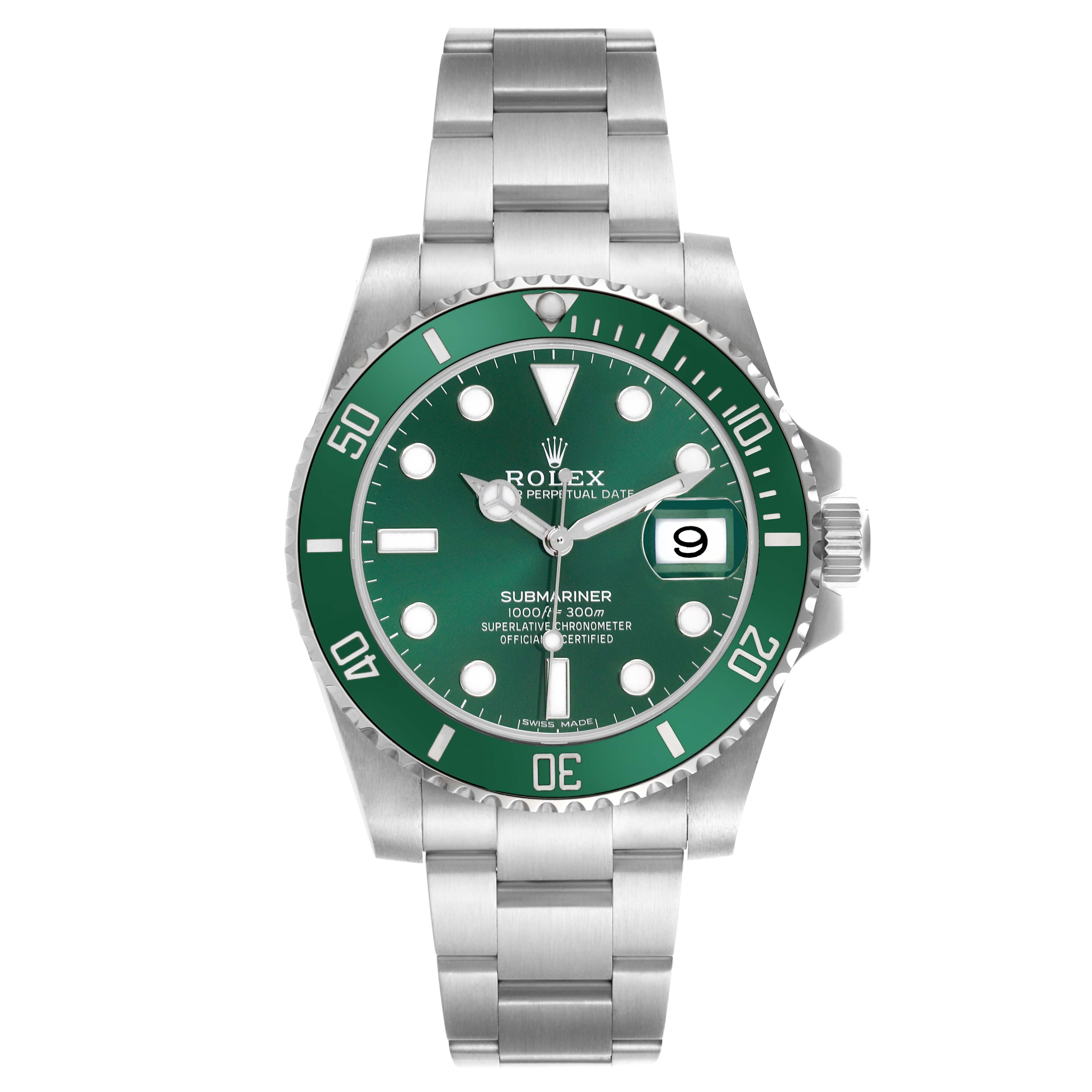 The Rolex Submariner 116610LV Men's Stainless Steel Green Dial 116610LV Men's Stainless Steel Green Dial watch is shown from a front angle, displaying the green dial, bezel, bracelet, and crown.