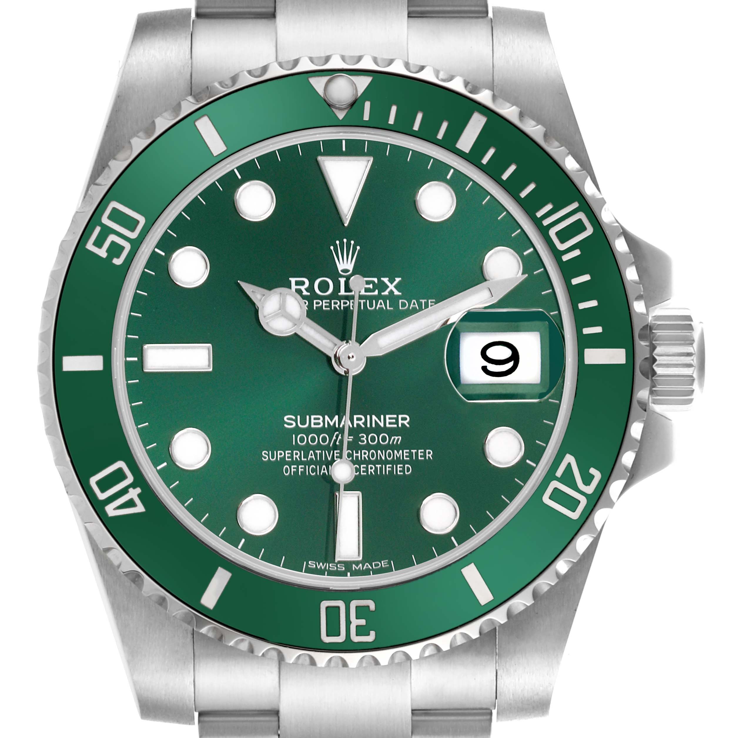 The Rolex Submariner 116610LV Men's Stainless Steel Green Dial 116610LV Men's Stainless Steel Green Dial watch is shown from a frontal angle, displaying the green dial, bezel, crown, and bracelet.