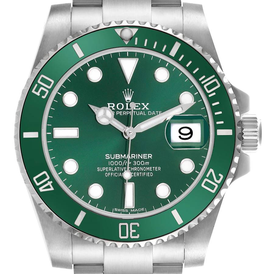 The Rolex Submariner watch is shown from a frontal angle, displaying the green dial, bezel, crown, and bracelet.