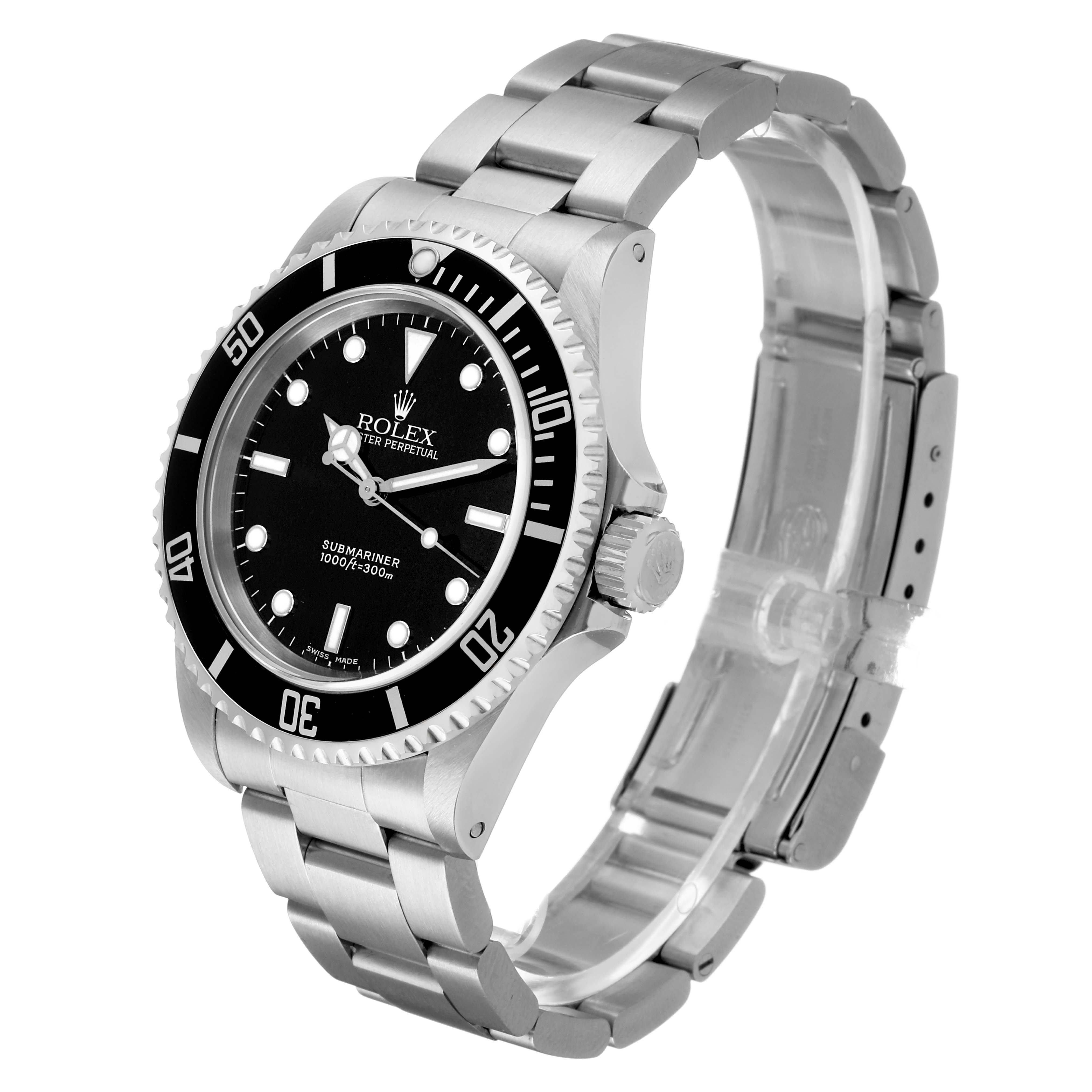 The Rolex Submariner 14060 Men's Stainless Steel Black Dial is shown at a slight angle, displaying the dial, bezel, crown, and bracelet.