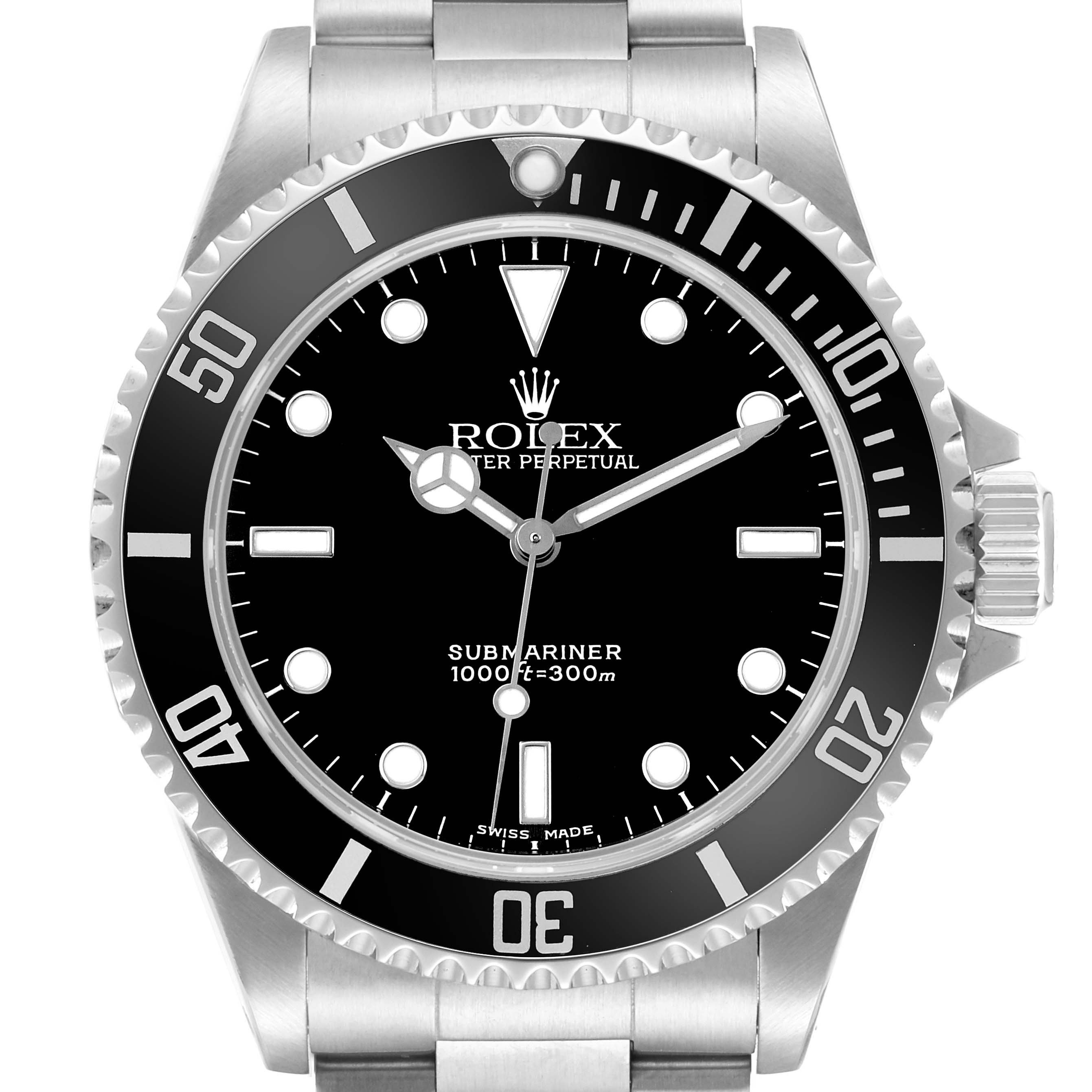 The Rolex Submariner 14060 Men's Stainless Steel Black Dial watch is shown from a front angle, highlighting the dial, bezel, and part of the bracelet.