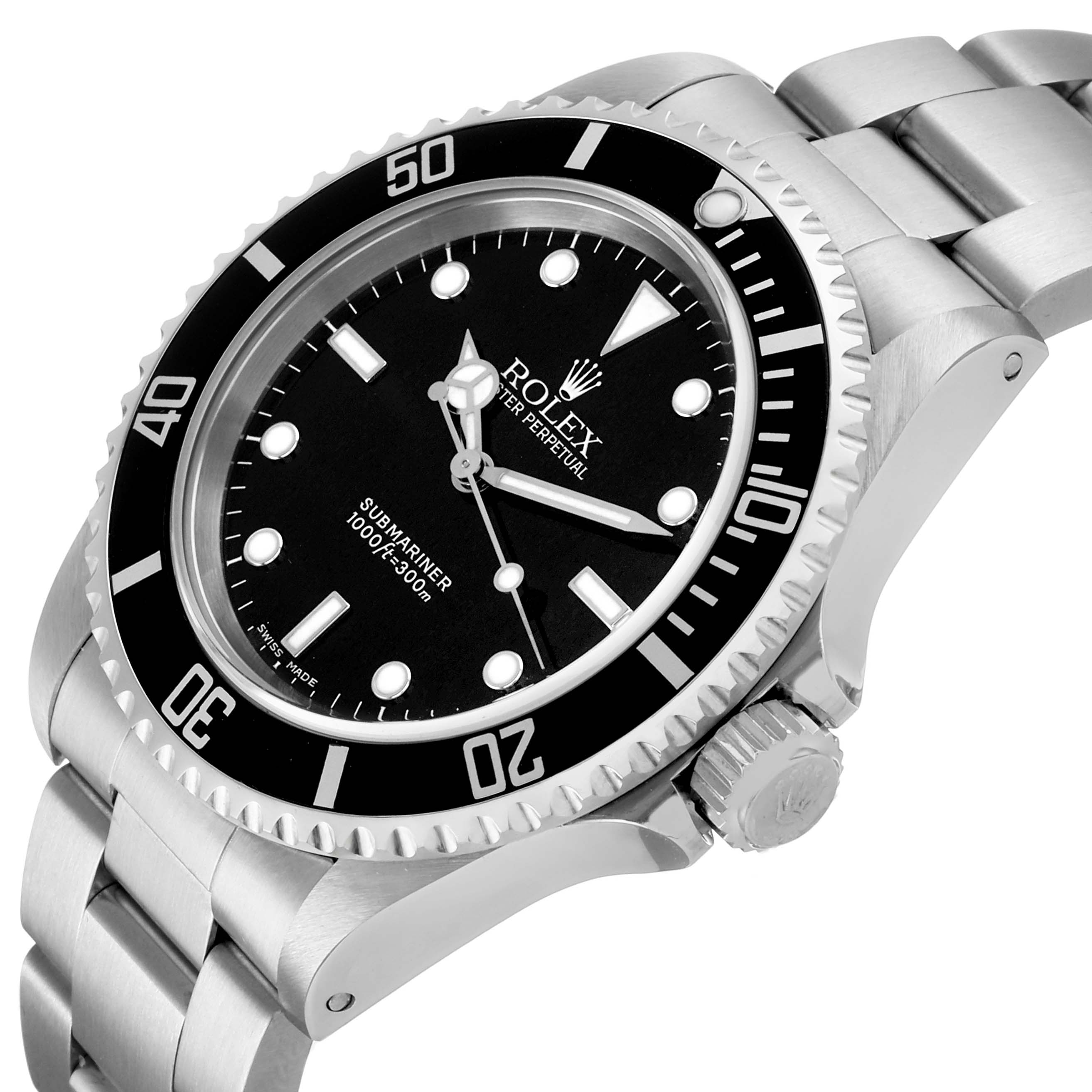 The Rolex Submariner 14060 Men's Stainless Steel Black Dial watch is shown at an angle highlighting the dial, bezel, crown, and part of the bracelet.