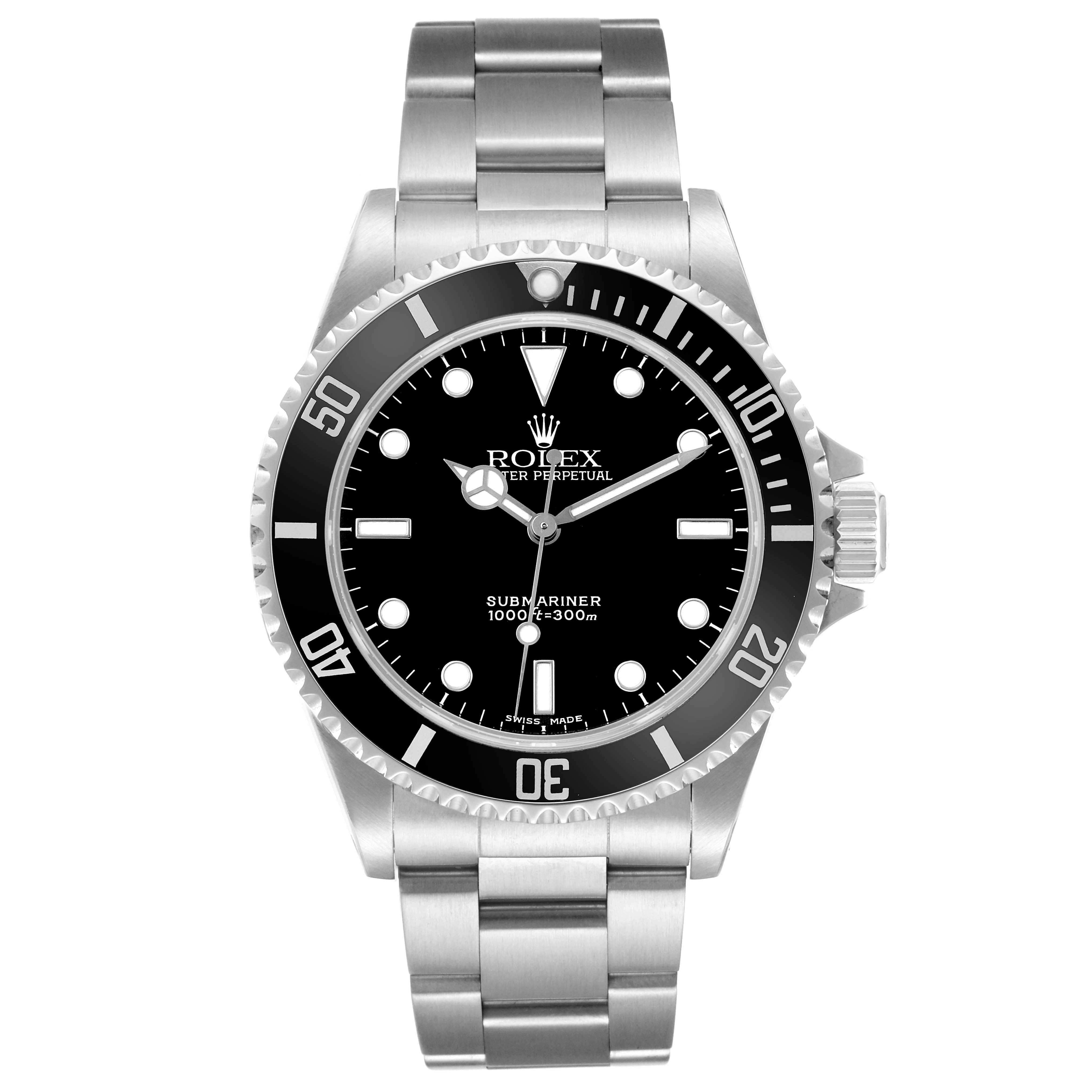 The Rolex Submariner 14060 Men's Stainless Steel Black Dial watch is shown from a top view, displaying the dial, bezel, and stainless steel bracelet.
