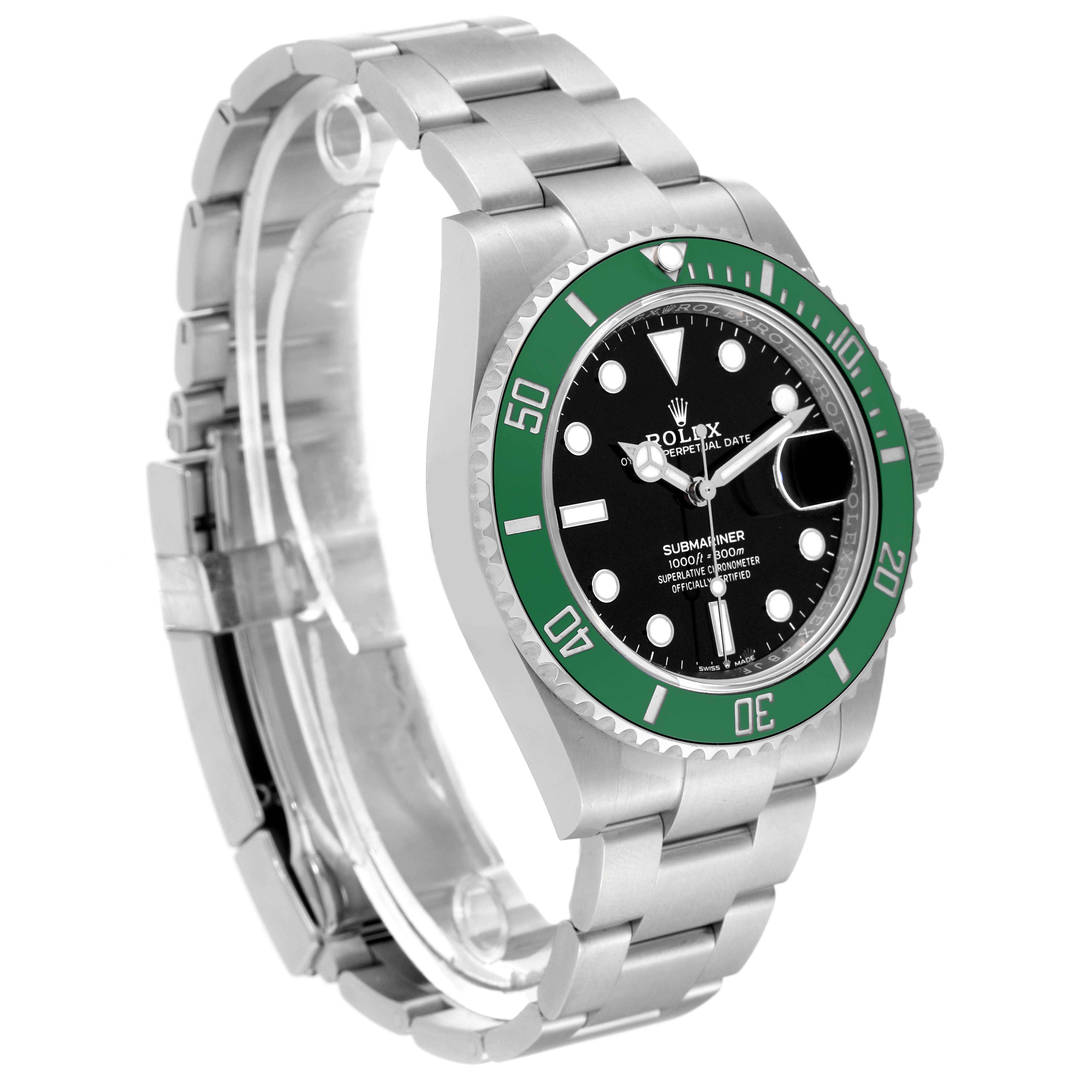 The image displays a side angle of a Rolex Submariner 126610LV Men
s Stainless Steel Black Dial 126610LV Men
s Stainless Steel Black Dial, showcasing its stainless steel bracelet and green bezel.