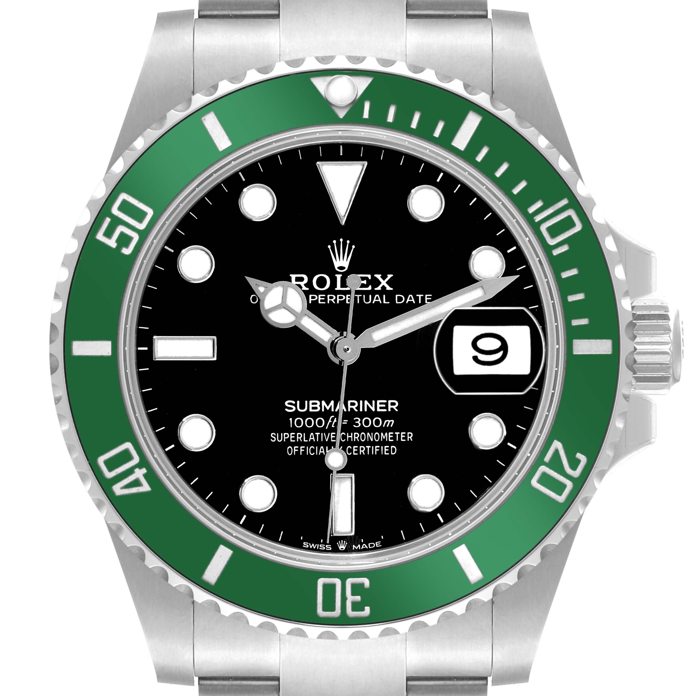 This is a close-up front view of a Rolex Submariner 126610LV Men
s Stainless Steel Black Dial 126610LV Men
s Stainless Steel Black Dial watch, highlighting its green bezel, black dial, and date display.