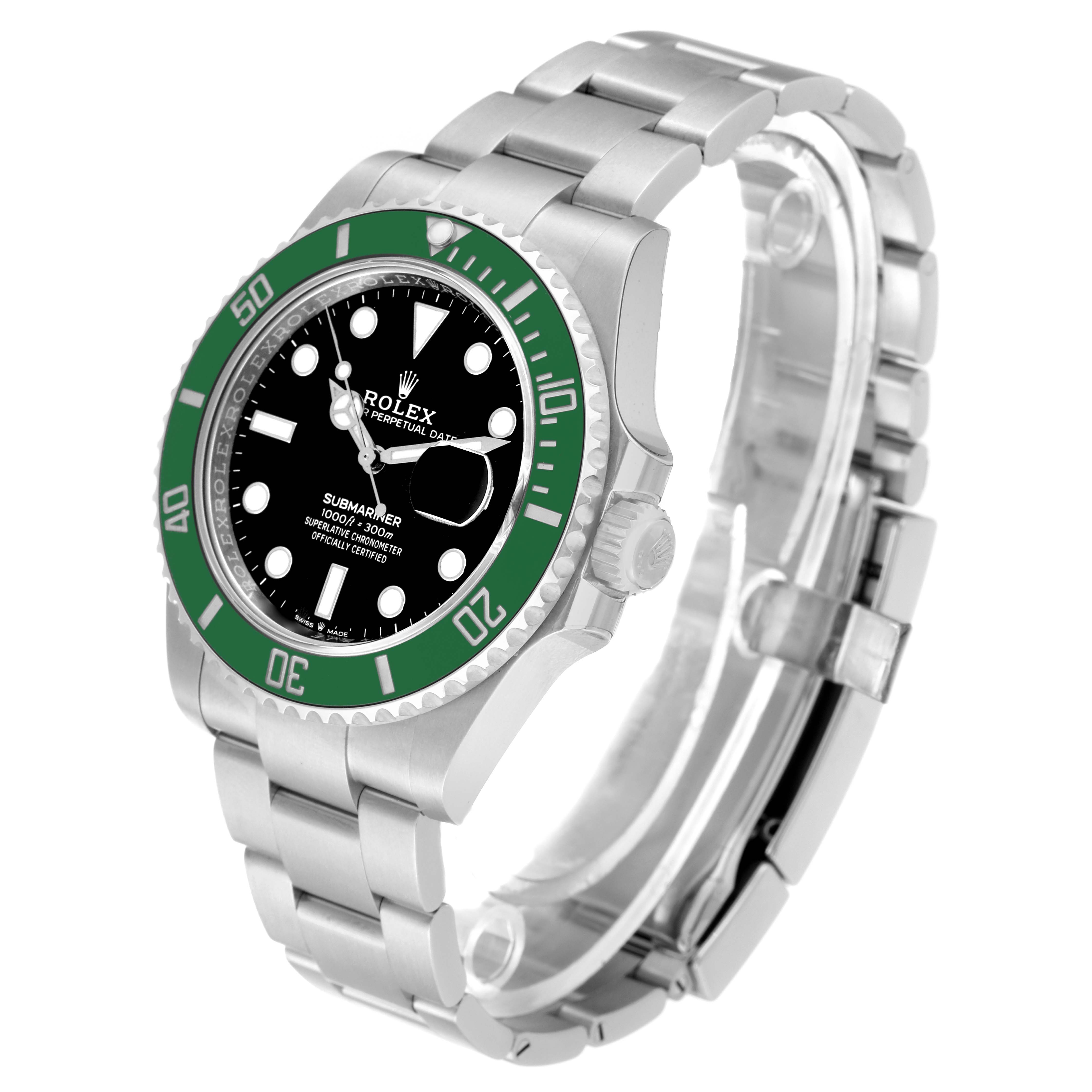 The image shows a Rolex Submariner 126610LV Men
s Stainless Steel Black Dial 126610LV Men
s Stainless Steel Black Dial watch at a three-quarter angle, highlighting its green bezel and stainless steel bracelet.