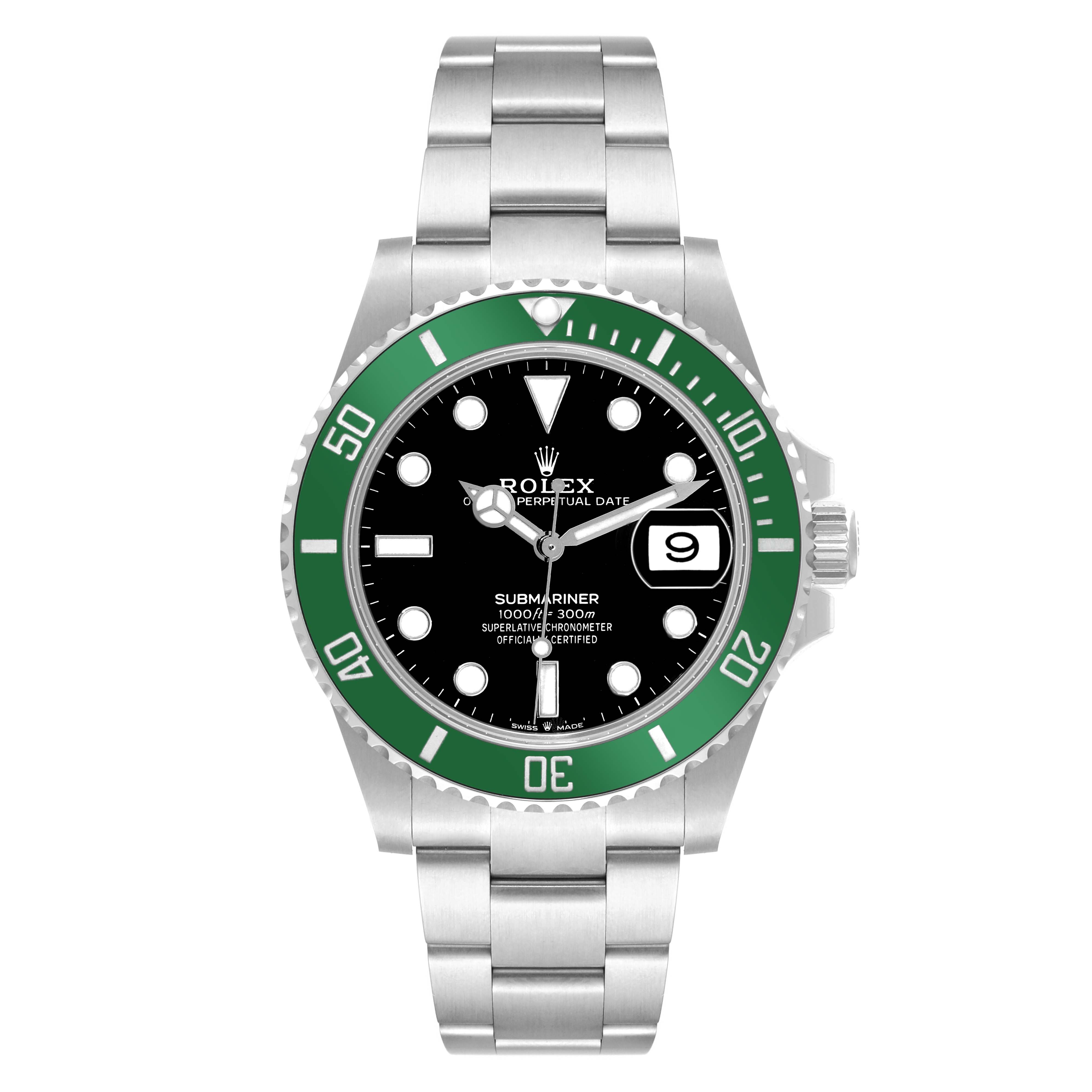 The image shows a frontal view of a Rolex Submariner 126610LV Men
s Stainless Steel Black Dial 126610LV Men
s Stainless Steel Black Dial, highlighting the bezel, dial, bracelet, and crown.