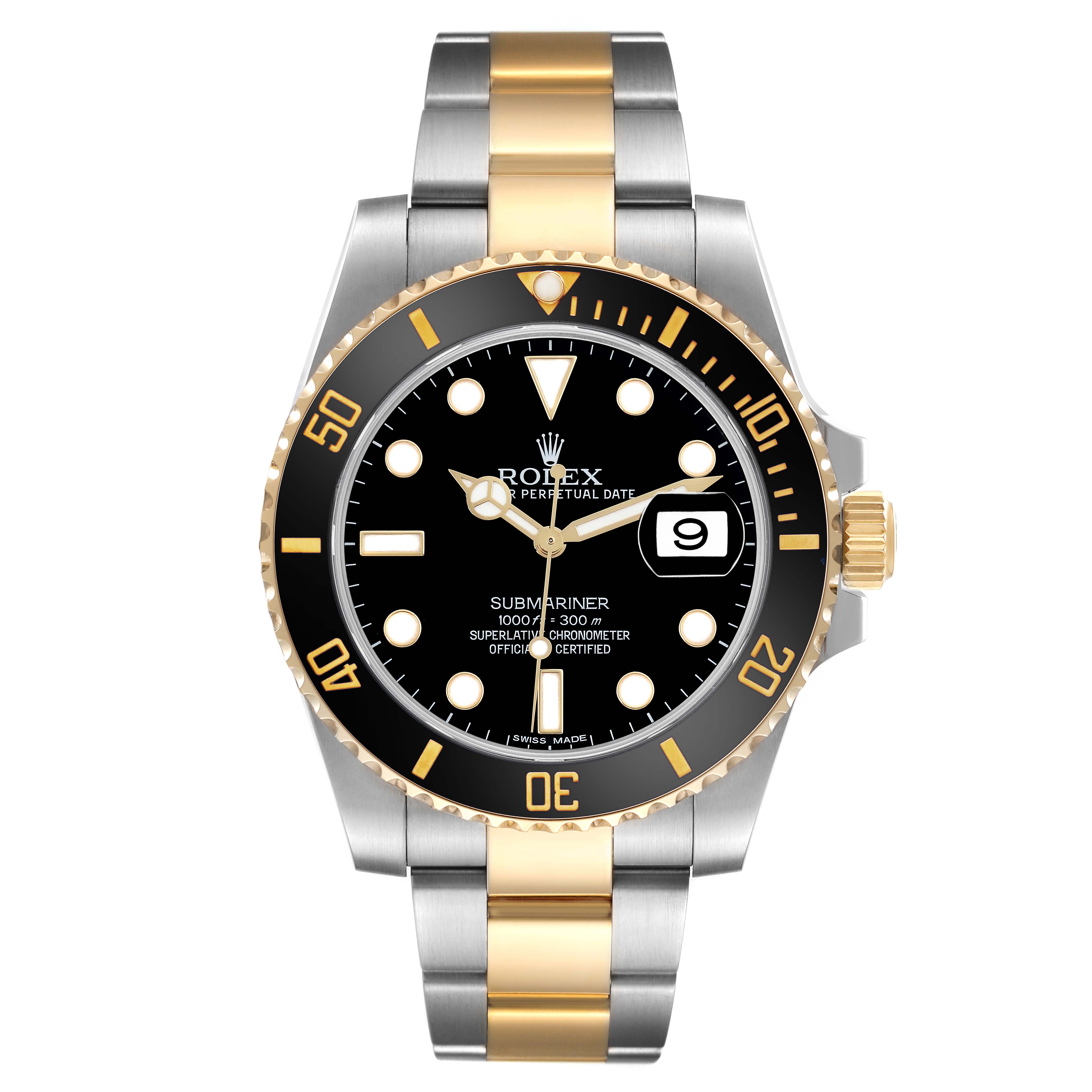 The Rolex Submariner 116613LN Men's Steel and Gold (two tone) Black Dial 116613LN Men's Steel and Gold (two tone) Black Dial is shown from a front angle, displaying the bezel, dial, hands, date, and bracelet clearly.
